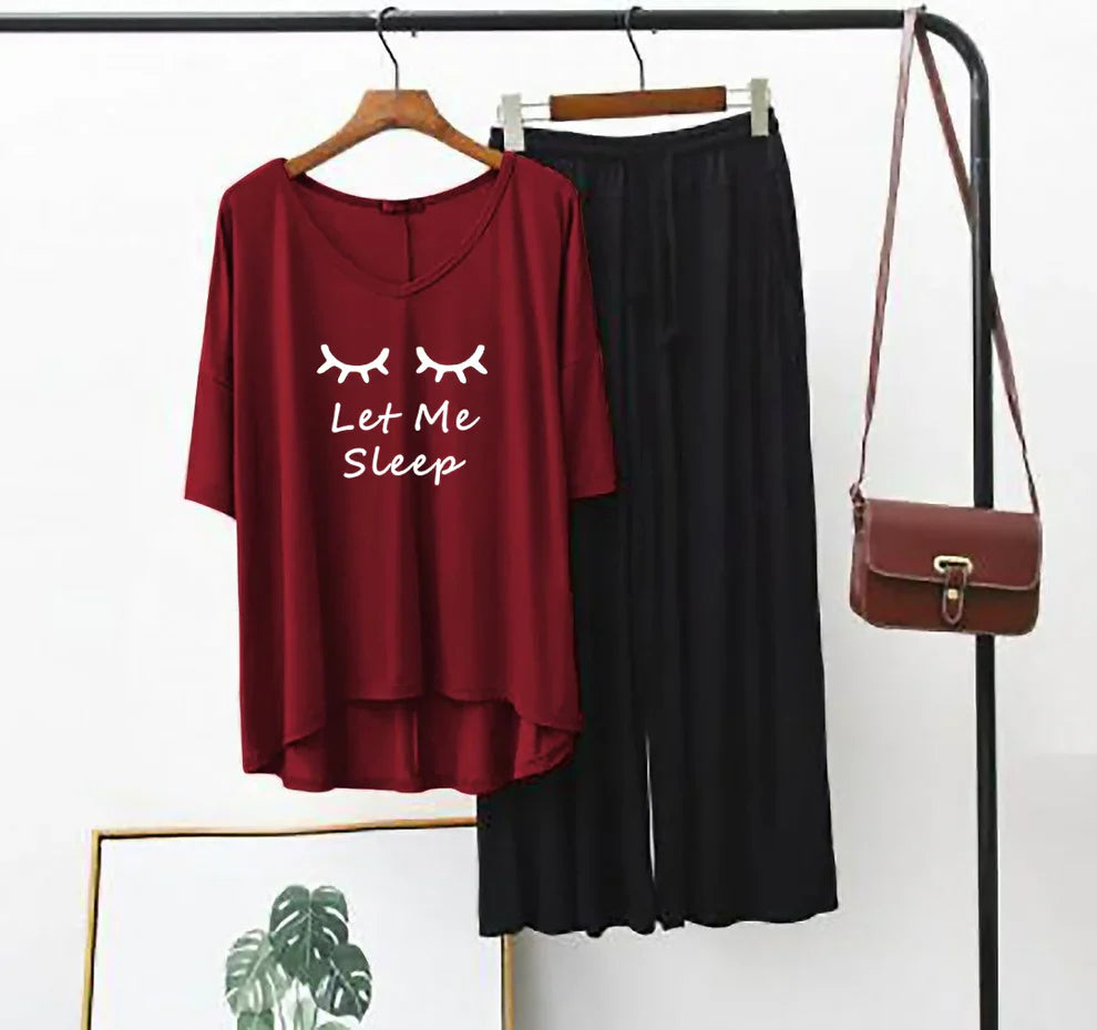 Plain Red “Let Me Sleep” V-Neck T-Shirt with Black Plazzo PJ Set