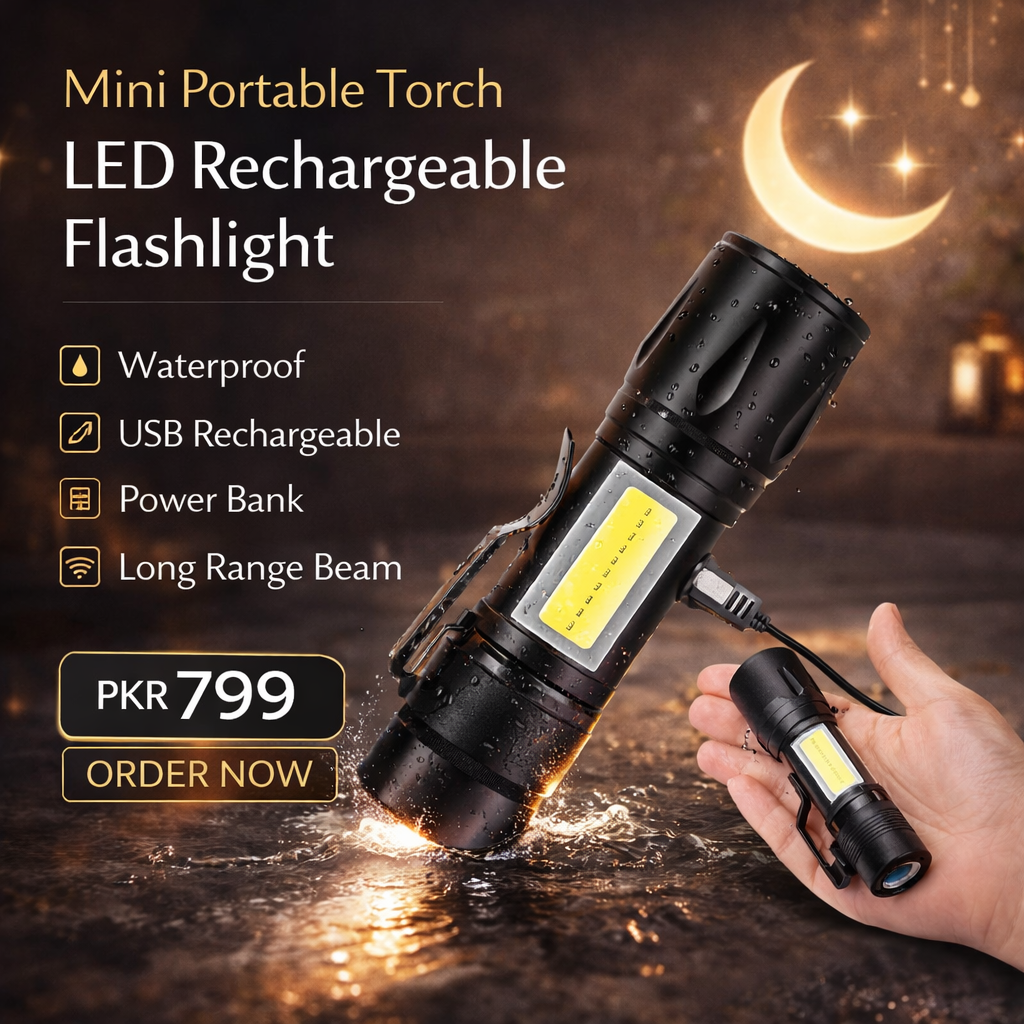 Mini Portable Torch LED Rechargeable Flashlight With USB Charging & Power Bank Waterproof Long Range