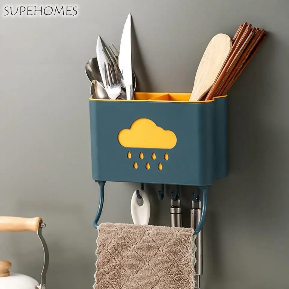 Kitchen Cloud Shelf Wall Mounted Cutlery Drainer Rack With 4 Hooks & Towel Holder for Kitchen
