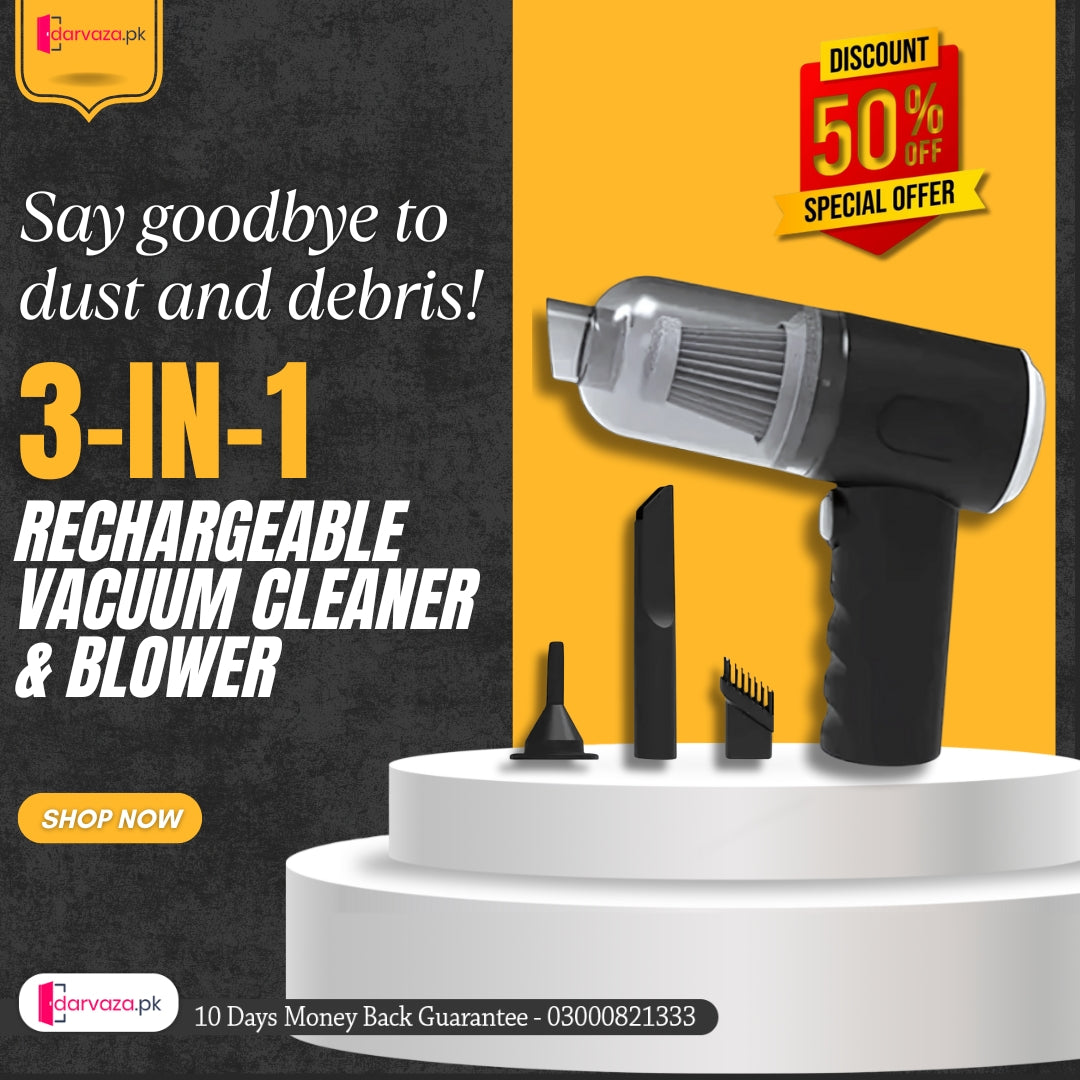 Imported Cordless 3-in-1 Rechargeable Vacuum Cleaner and Blower - Cleans up every corner of your Home and Car
