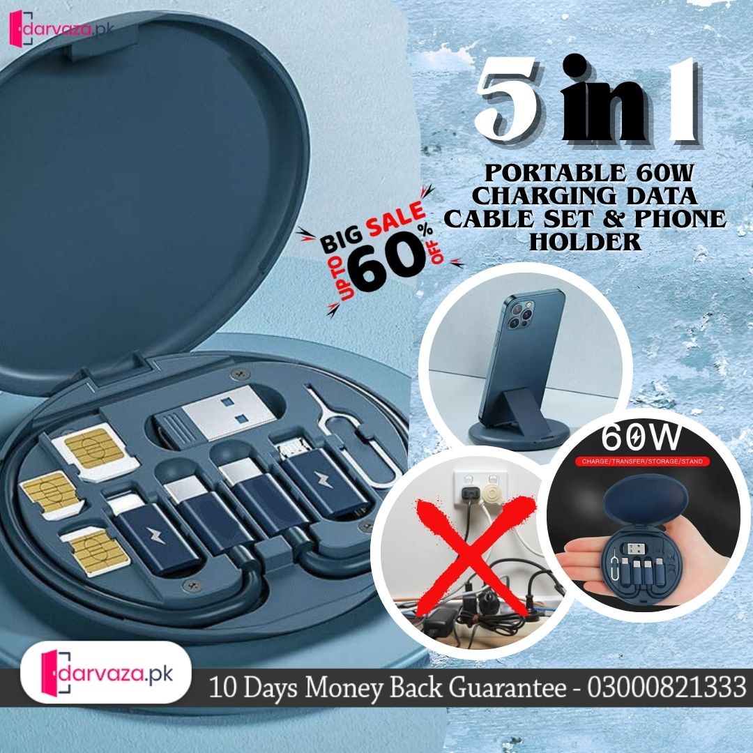 5 in 1 Portable Multifunctional 60W Charging Data Cable Set and Mobile Phone Holder Storage Box For All Devices