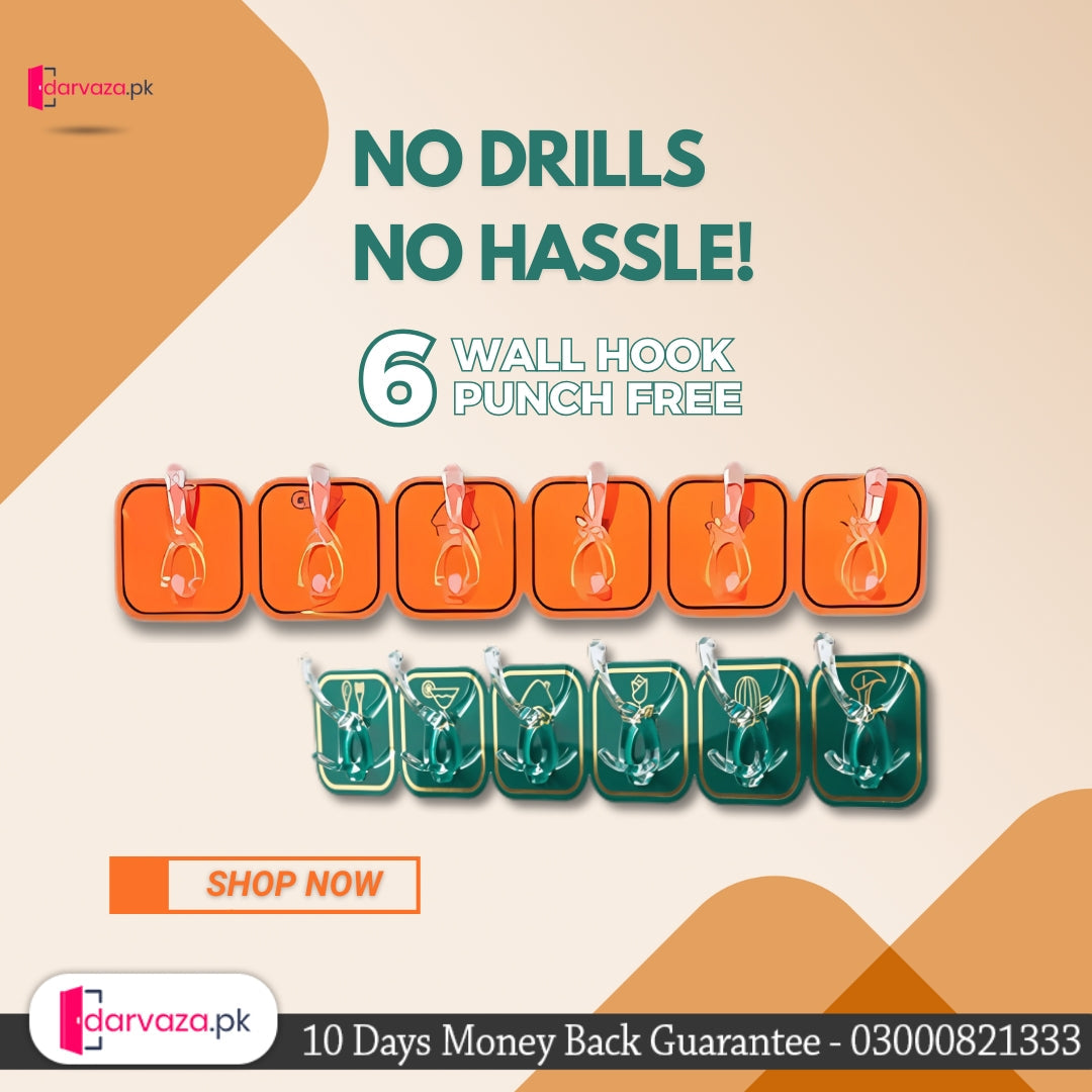 (Pack of 2) Wall Mounted Punch Free Strong Self Adhesive Stylish 6 Hook in Row For Home and Outdoor Use