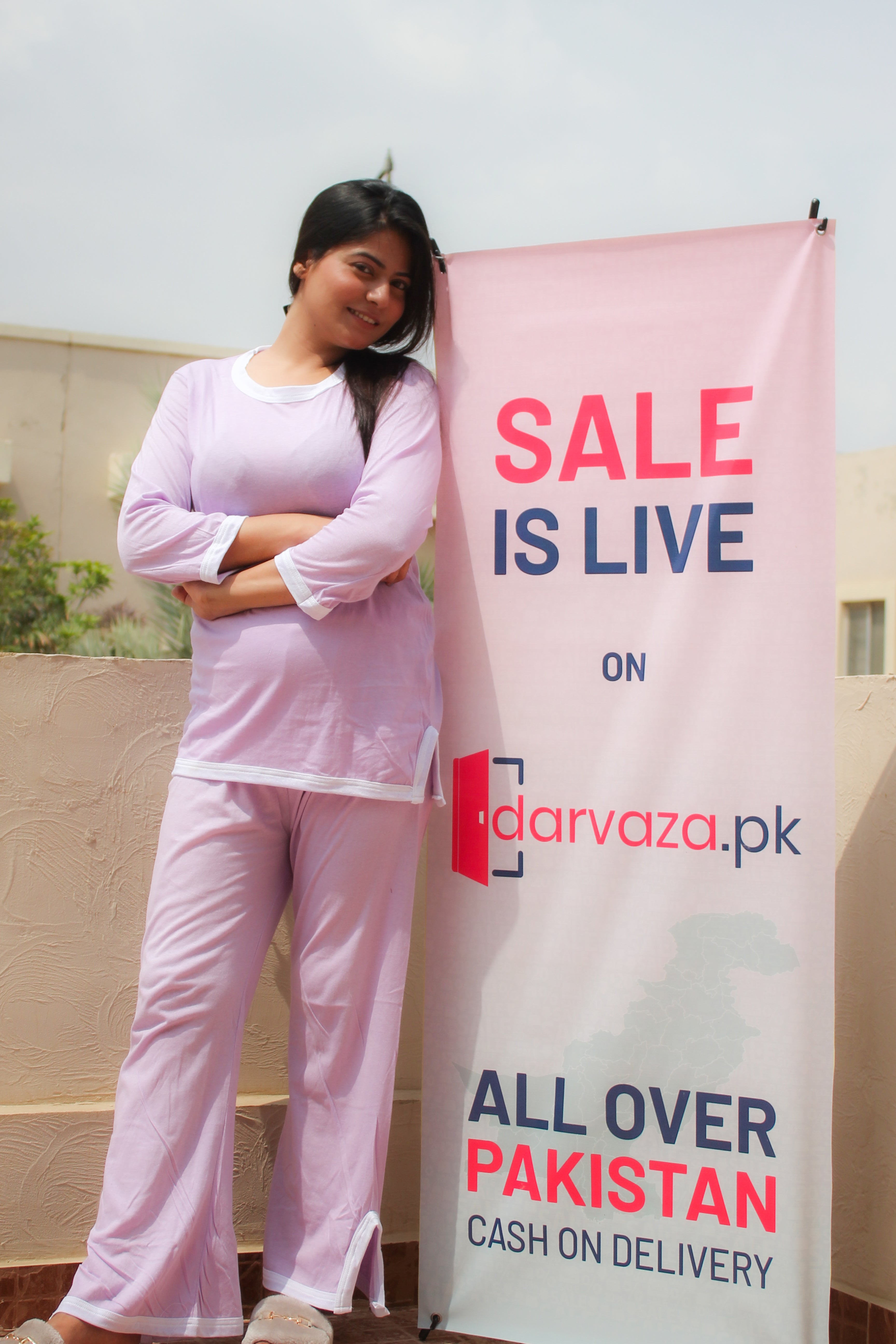 Purple White Round Neck Plazzo PJ Set