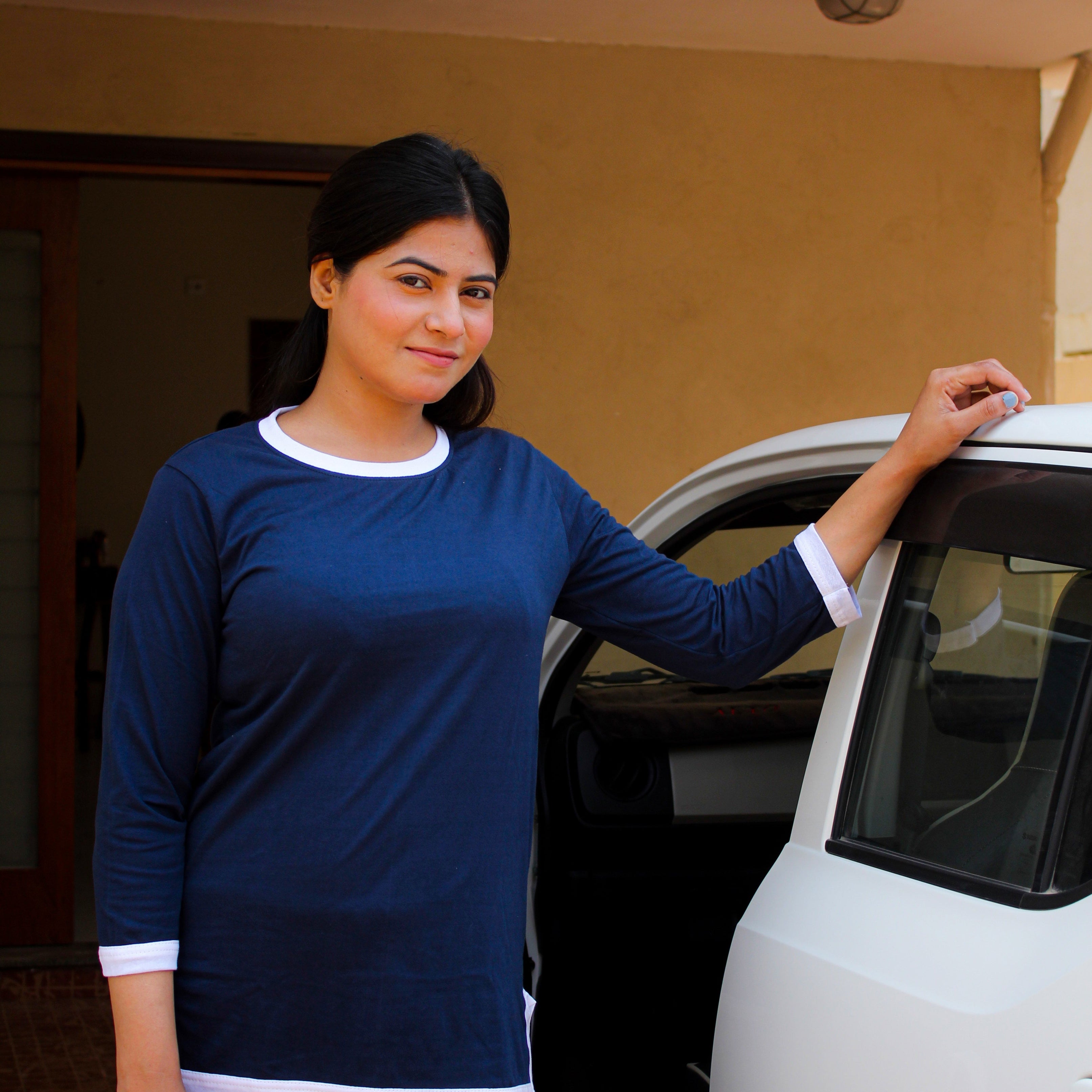 Navy Blue White Round Neck Plazzo PJ Set