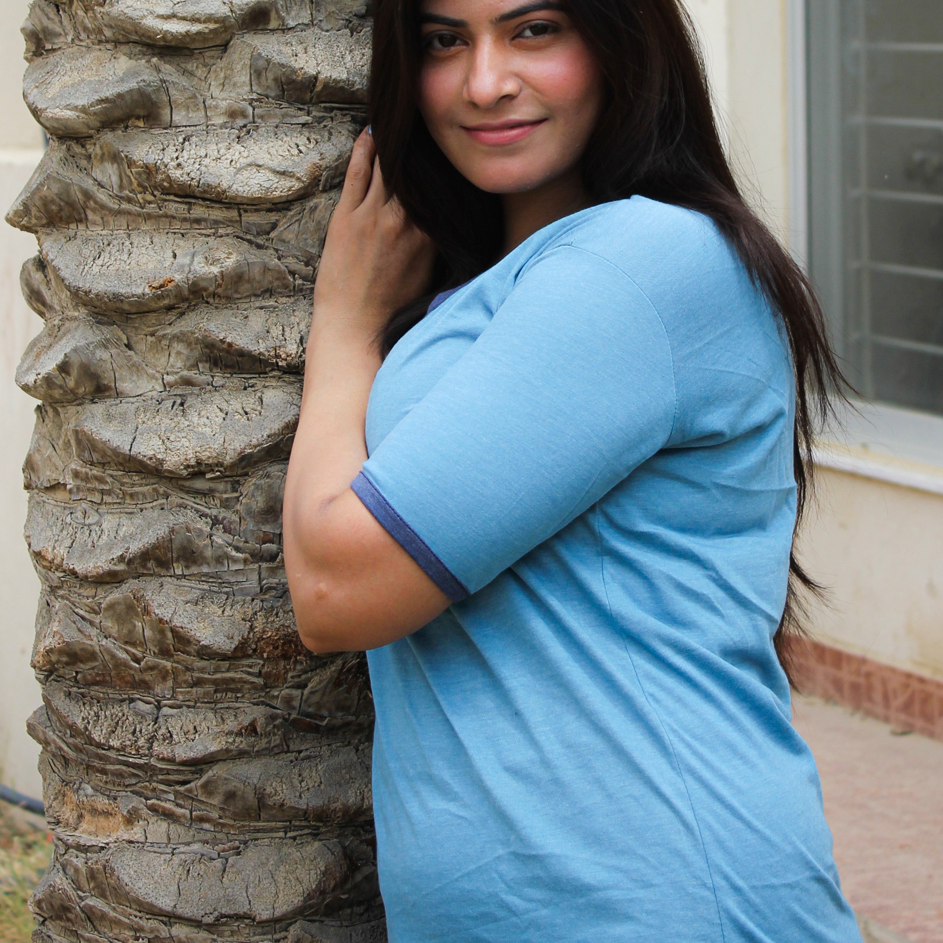 New Blue V-Neck T-Shirt with Contrast Pocket Pajama