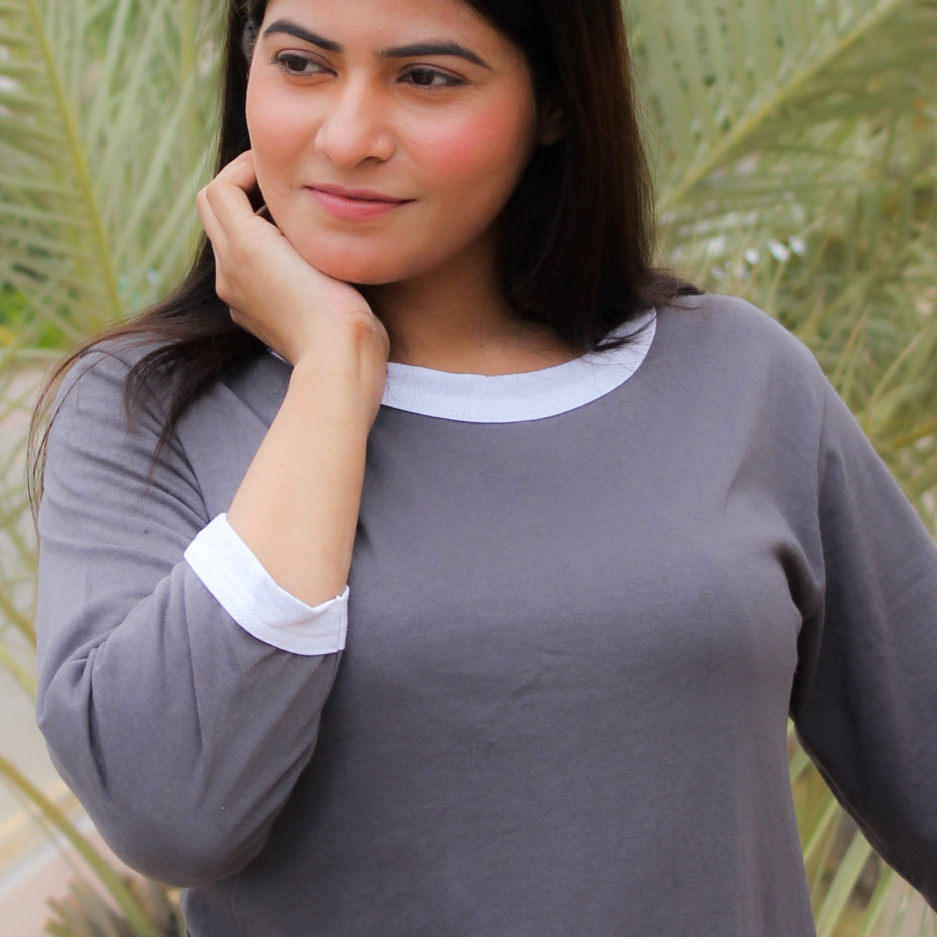 Grey White Round Neck Plazzo PJ Set