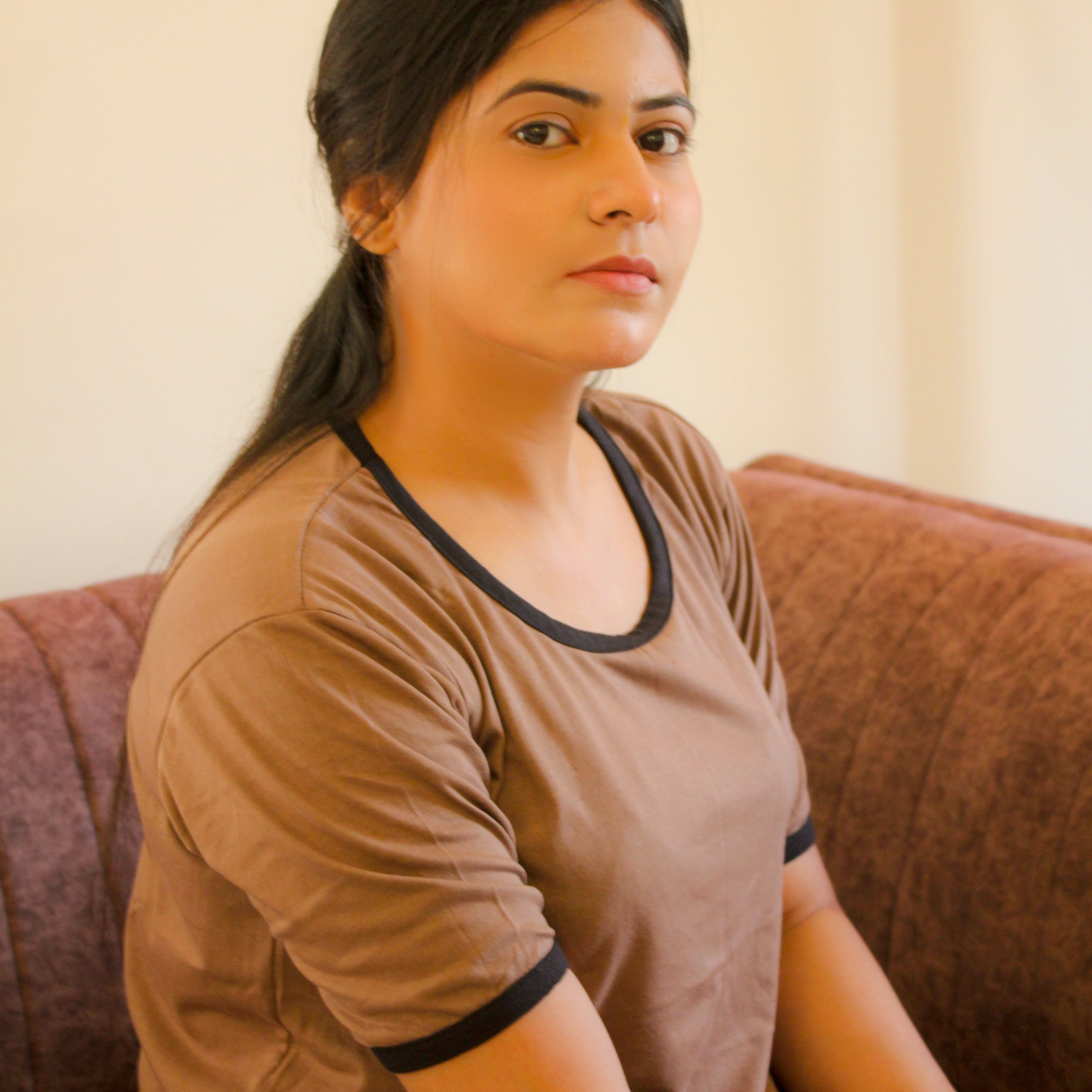 Plain Coffee Colour T-Shirt with Black Round Neck and Plazzo Pajama