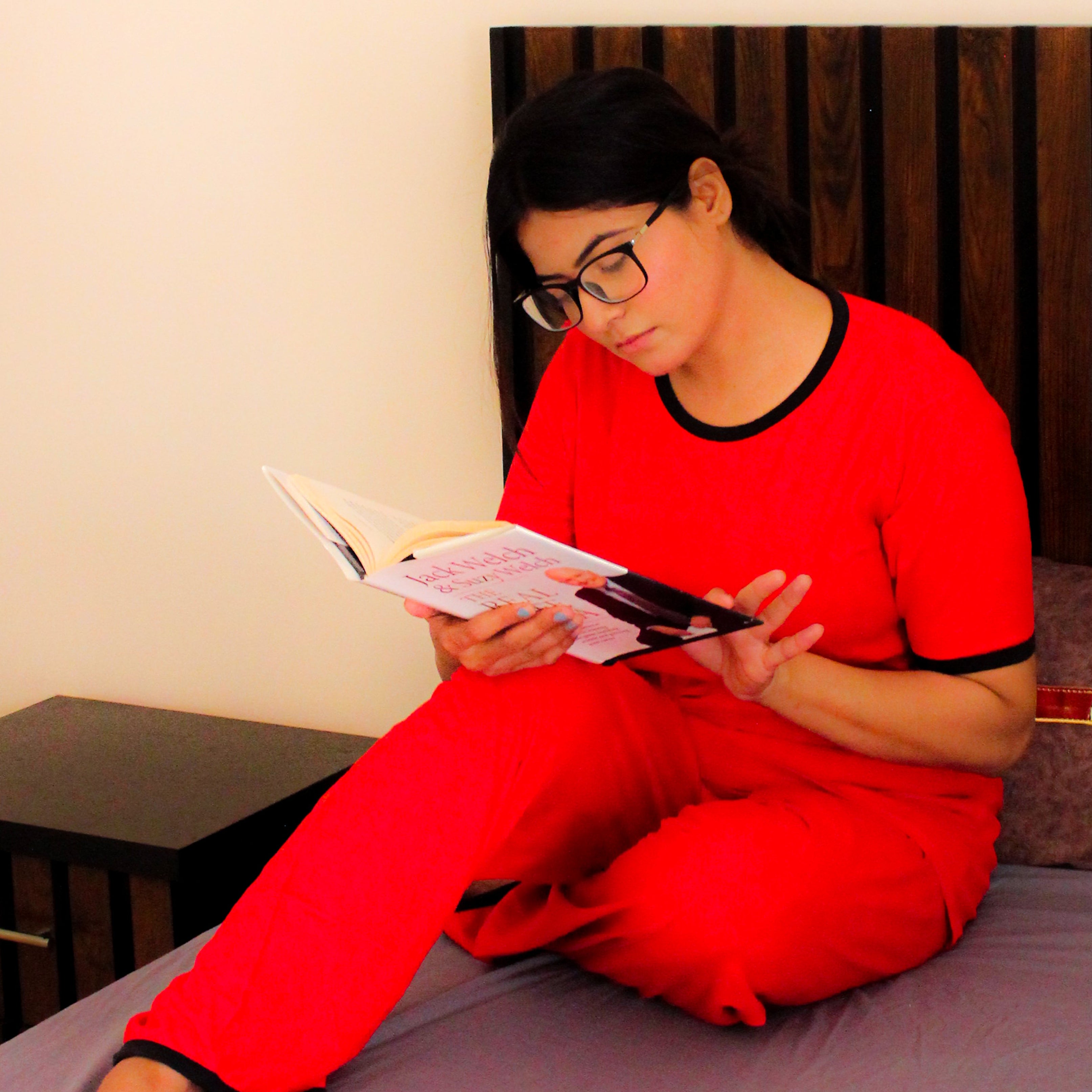Plain Red T-Shirt with Black Round Neck and Plazzo Pajama