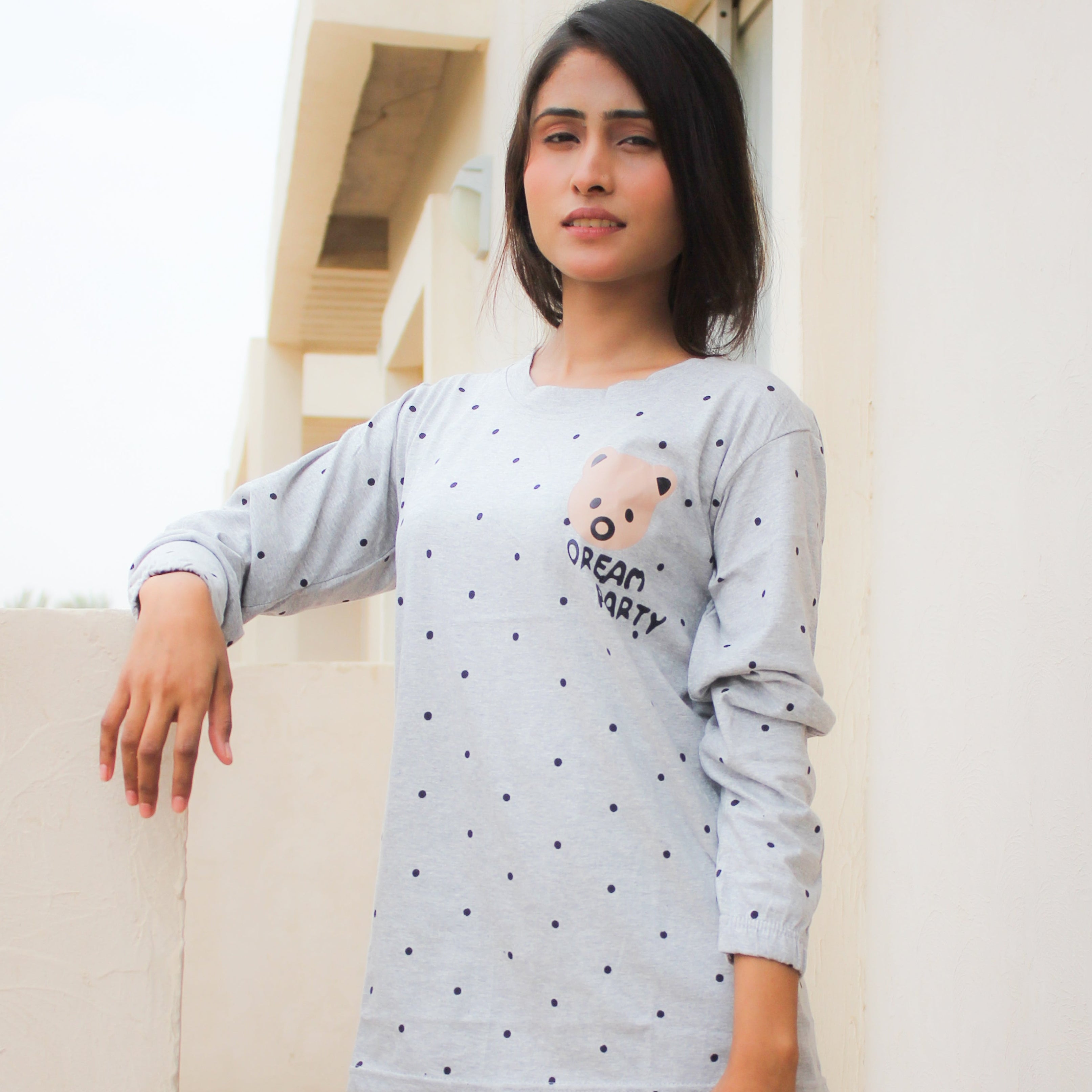 Gray Bear Women's Nightwear Set (Full Sleeves)