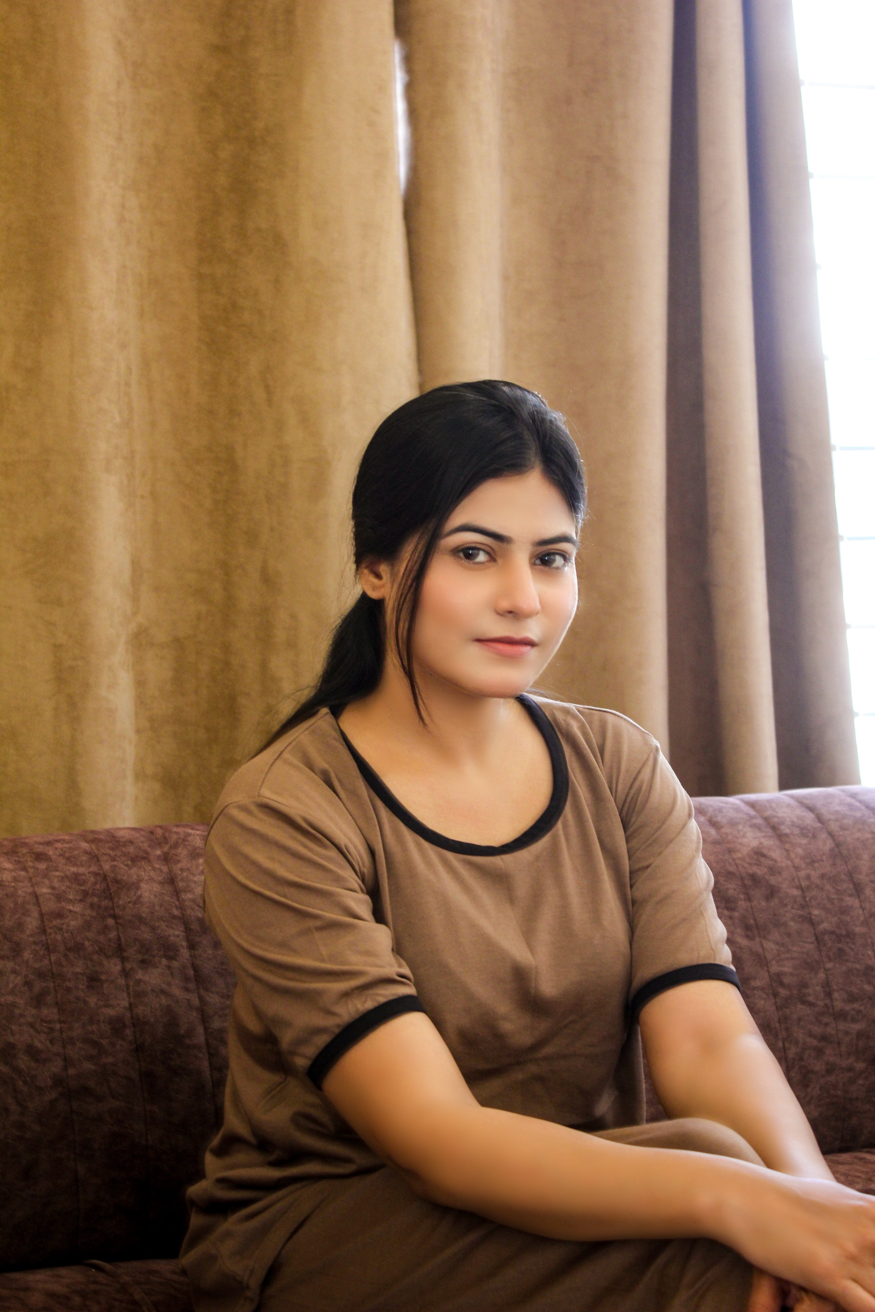 Plain Coffee Colour T-Shirt with Black Round Neck and Plazzo Pajama