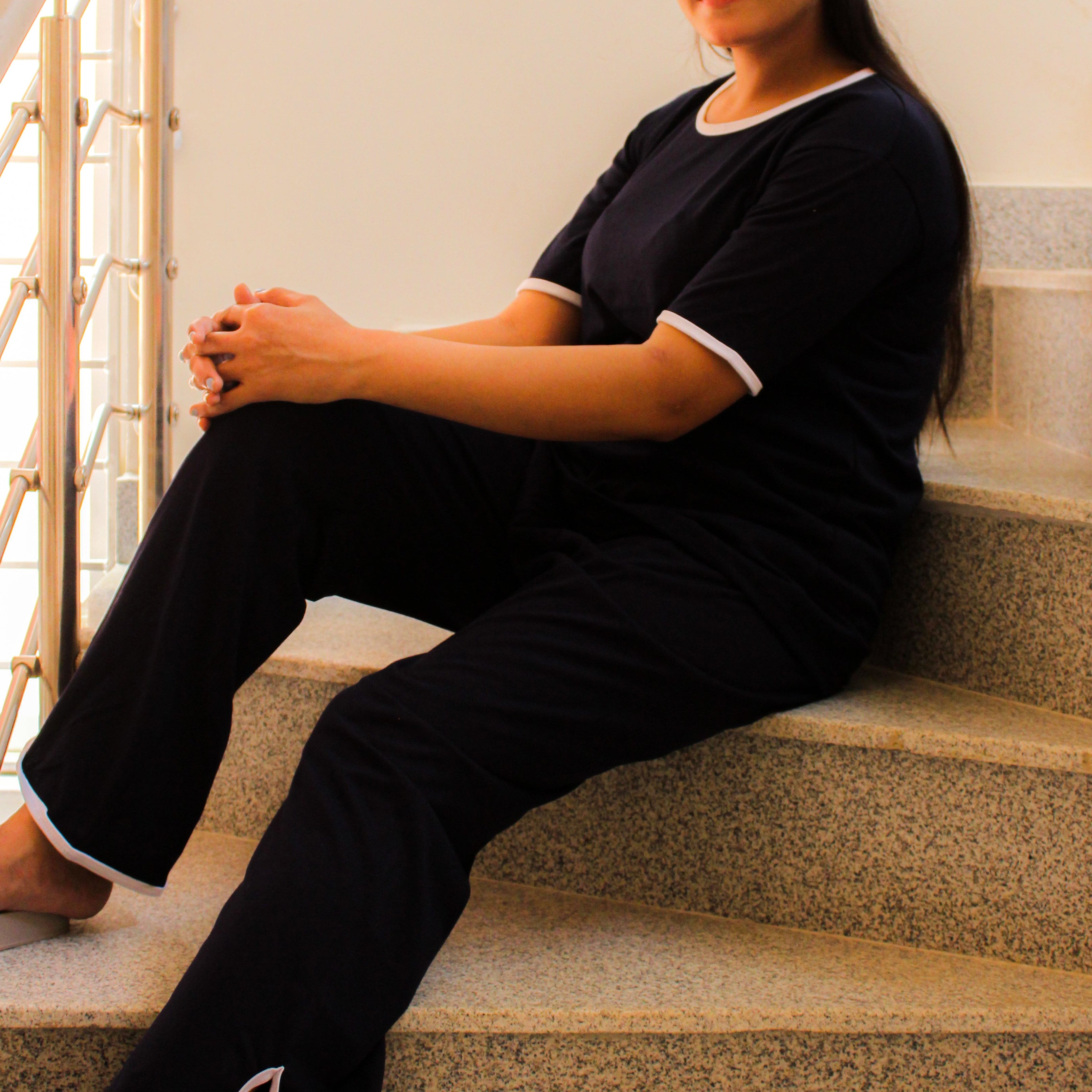 Plain Black T-Shirt with White Round Neck and Plazzo Pajama (Half Sleeve)