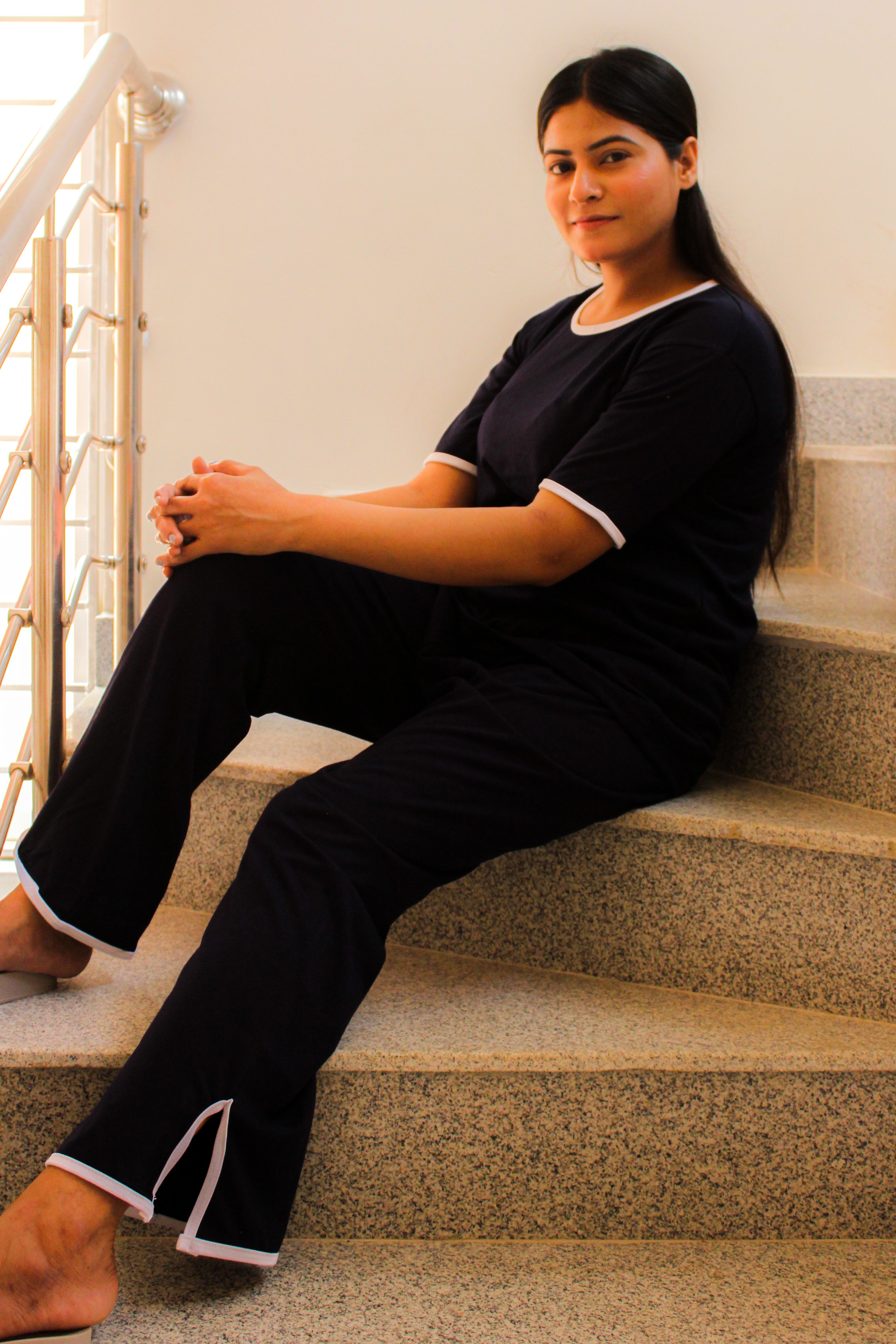 Plain Black T-Shirt with White Round Neck and Plazzo Pajama (Half Sleeve)