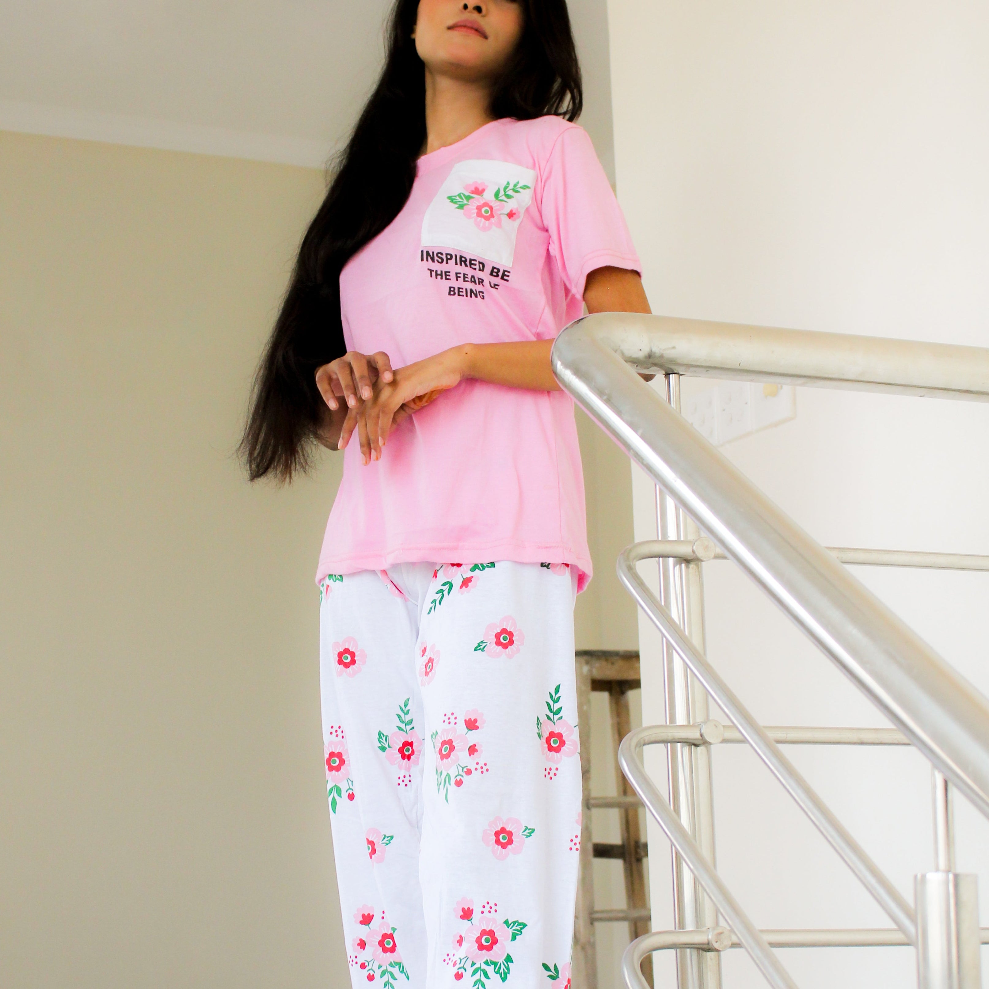 Pink Flower Printed Pocket Half Sleeves Shirt and White Flower Printed Trouser Nightwear