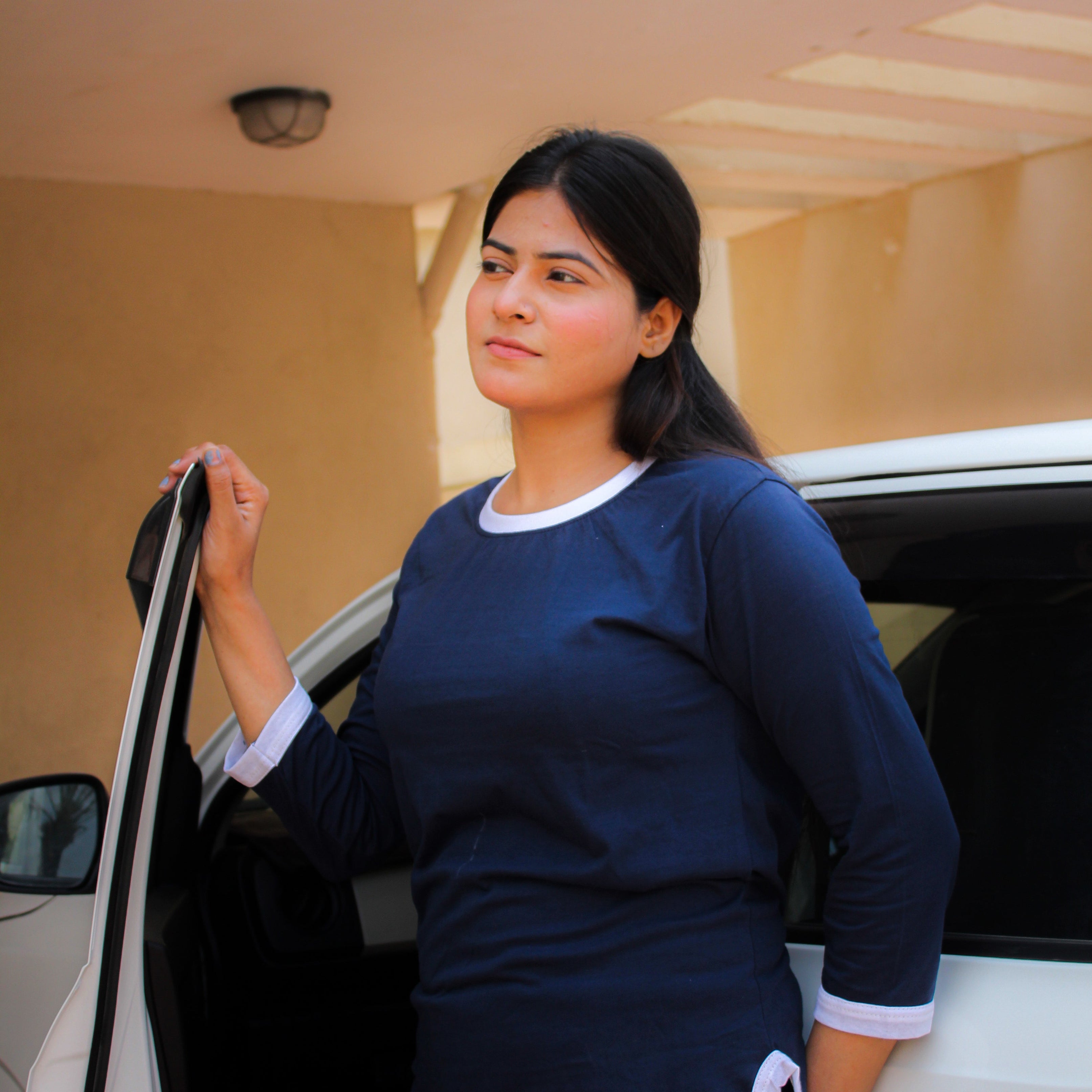 Navy Blue White Round Neck Plazzo PJ Set