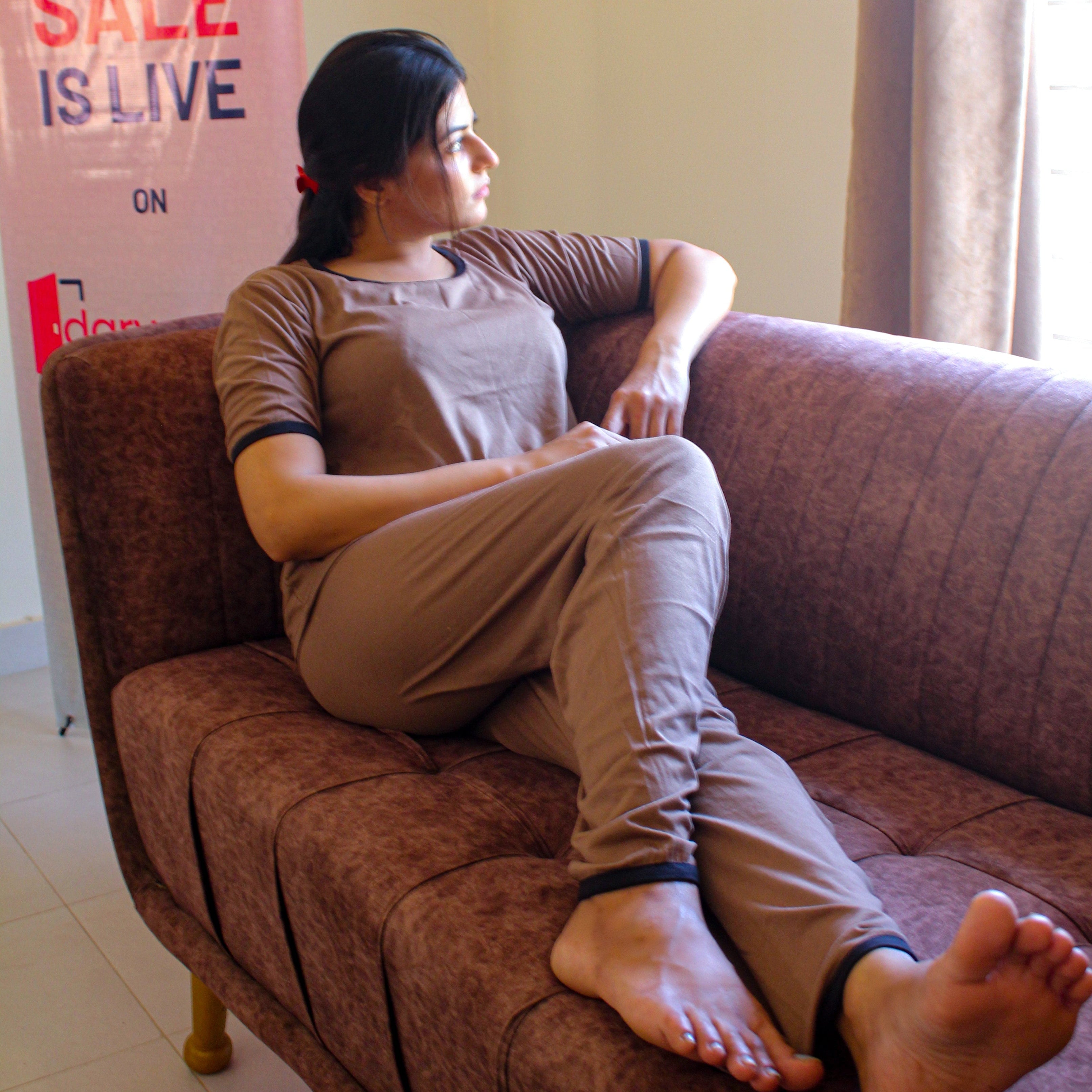 Plain Coffee Colour T-Shirt with Black Round Neck and Plazzo Pajama