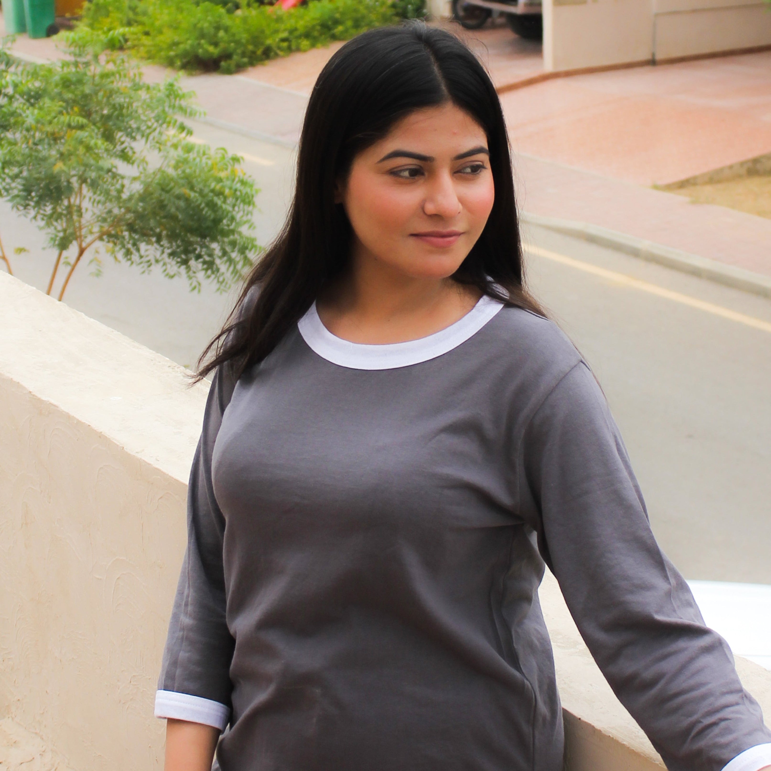 Grey White Round Neck Plazzo PJ Set