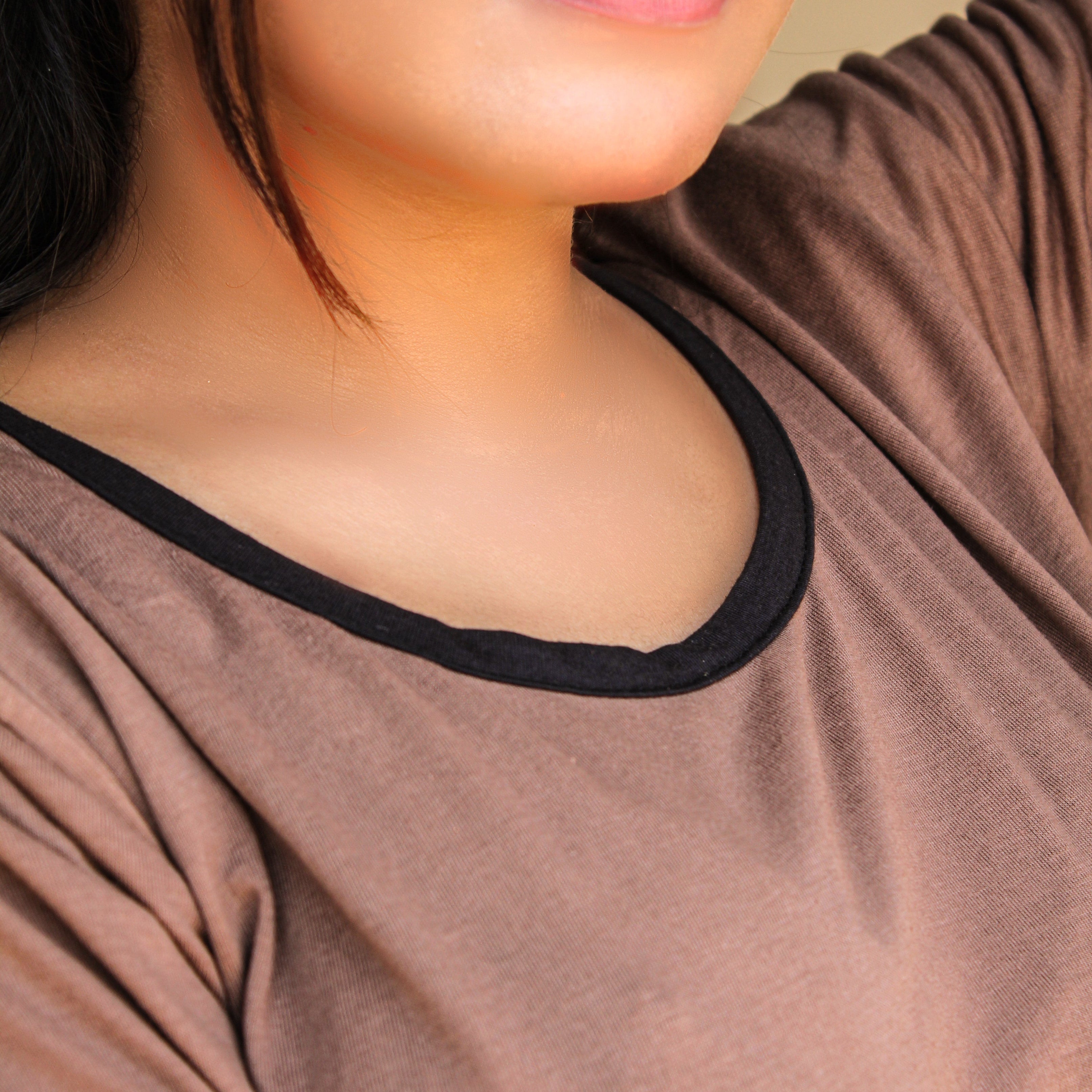 Plain Coffee Colour T-Shirt with Black Round Neck and Plazzo Pajama