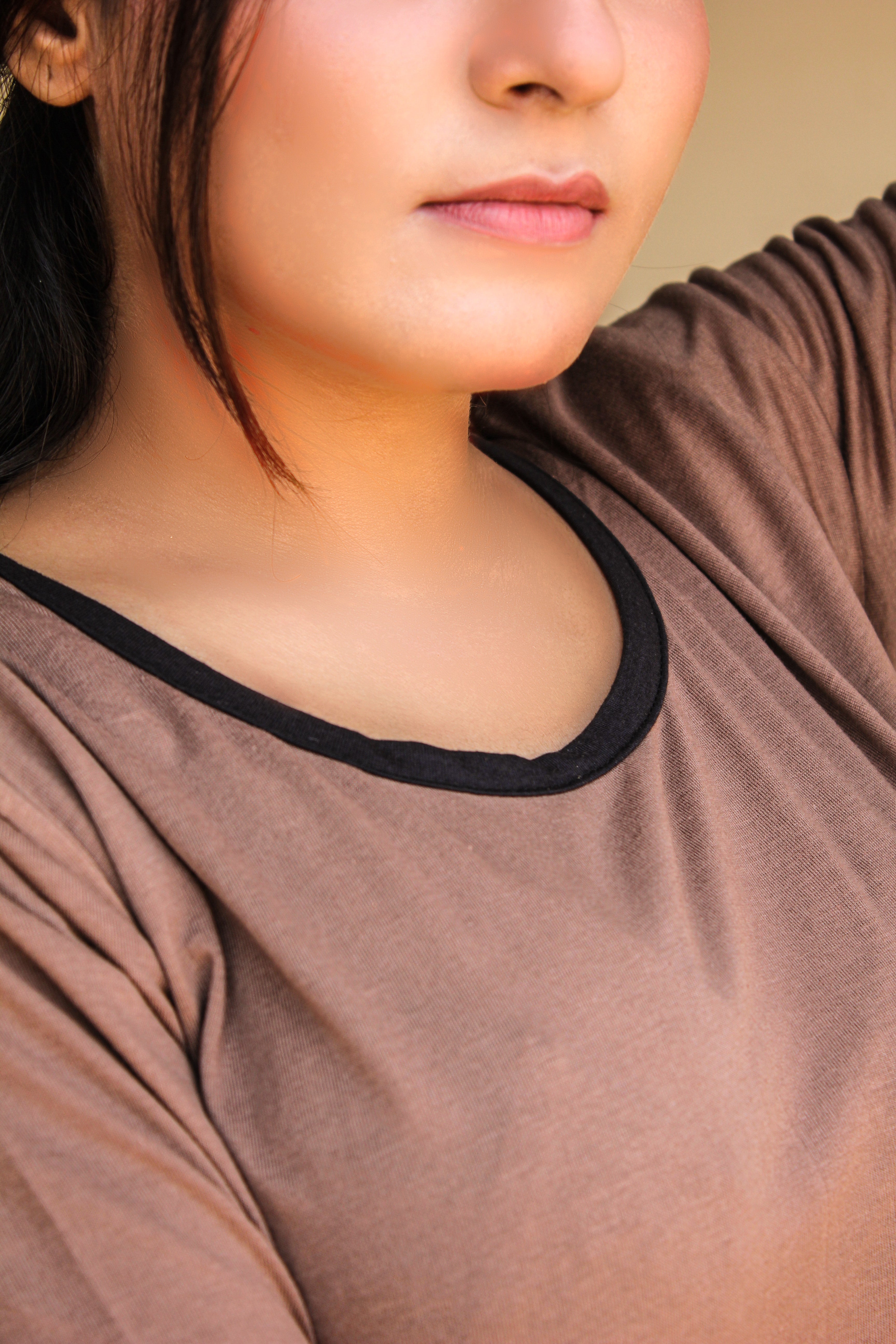 Plain Coffee Colour T-Shirt with Black Round Neck and Plazzo Pajama