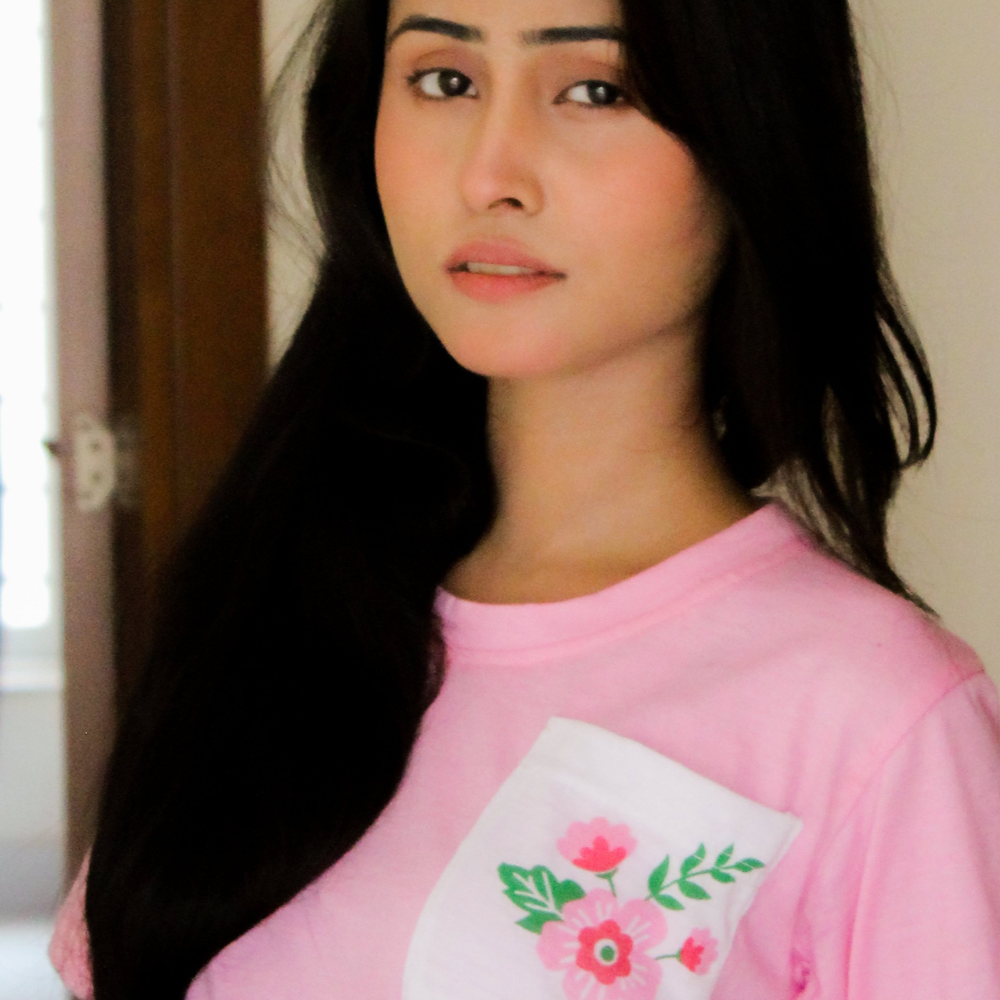 Pink Flower Printed Pocket Half Sleeves Shirt and White Flower Printed Trouser Nightwear