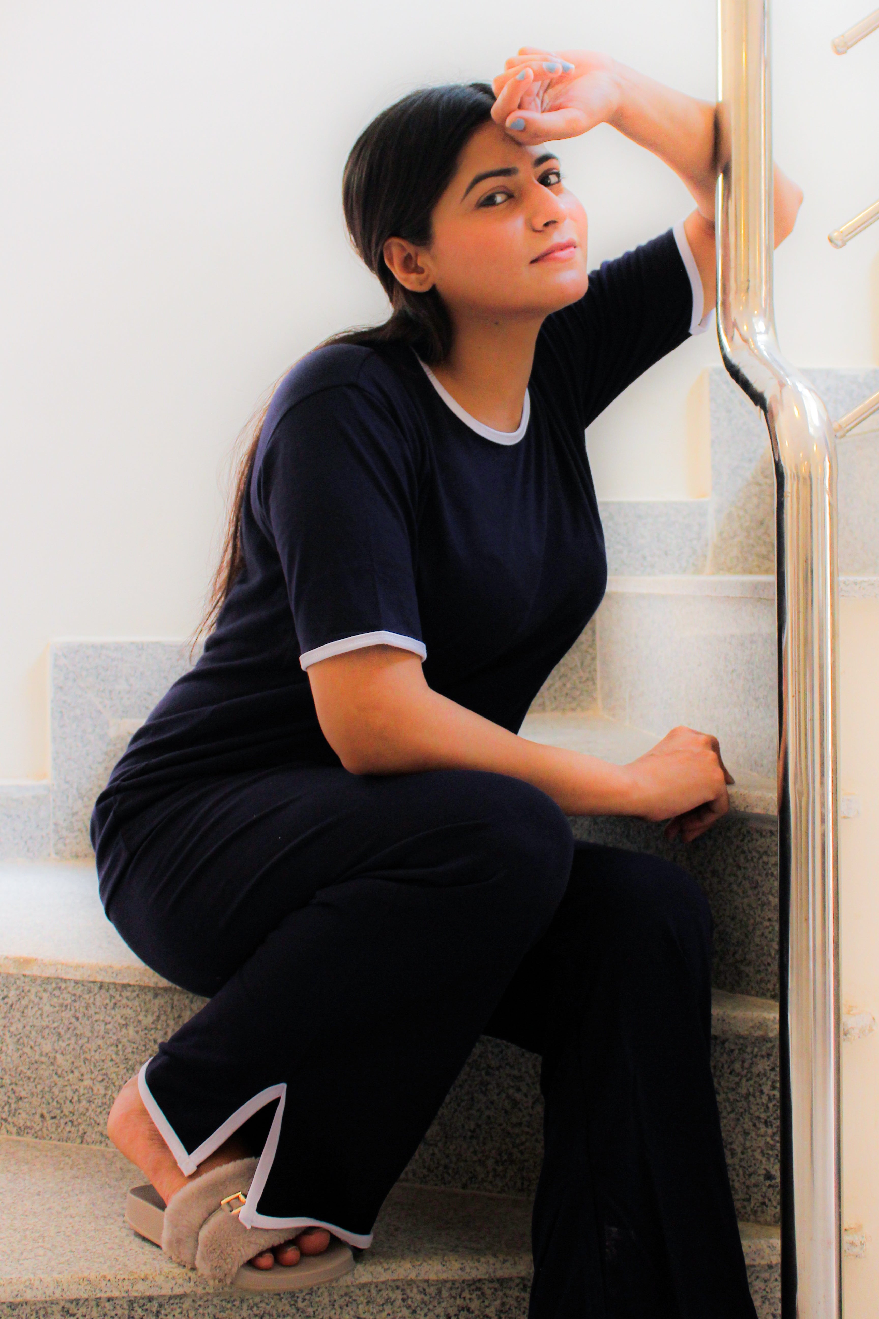 Plain Black T-Shirt with White Round Neck and Plazzo Pajama (Half Sleeve)