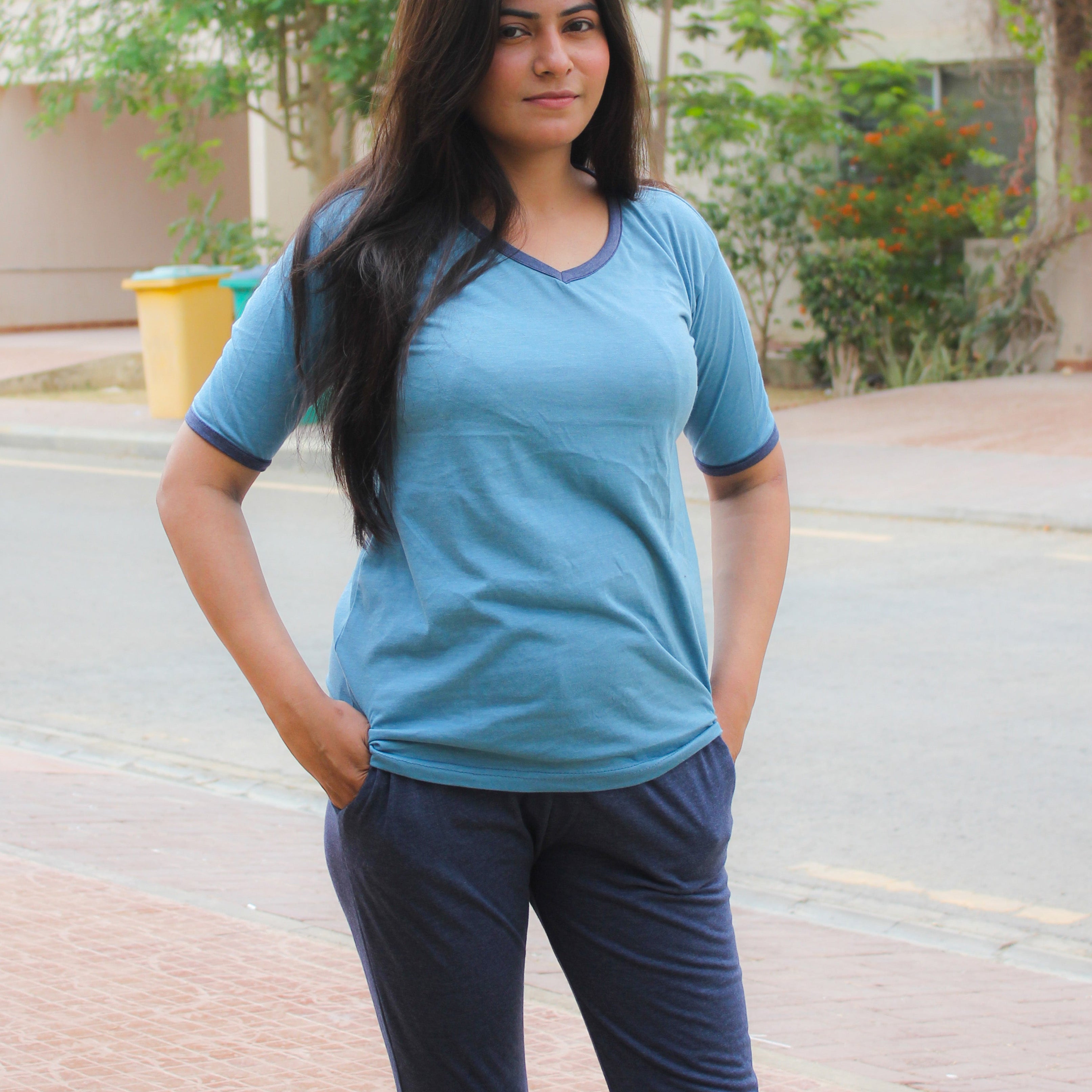 New Blue V-Neck T-Shirt with Contrast Pocket Pajama