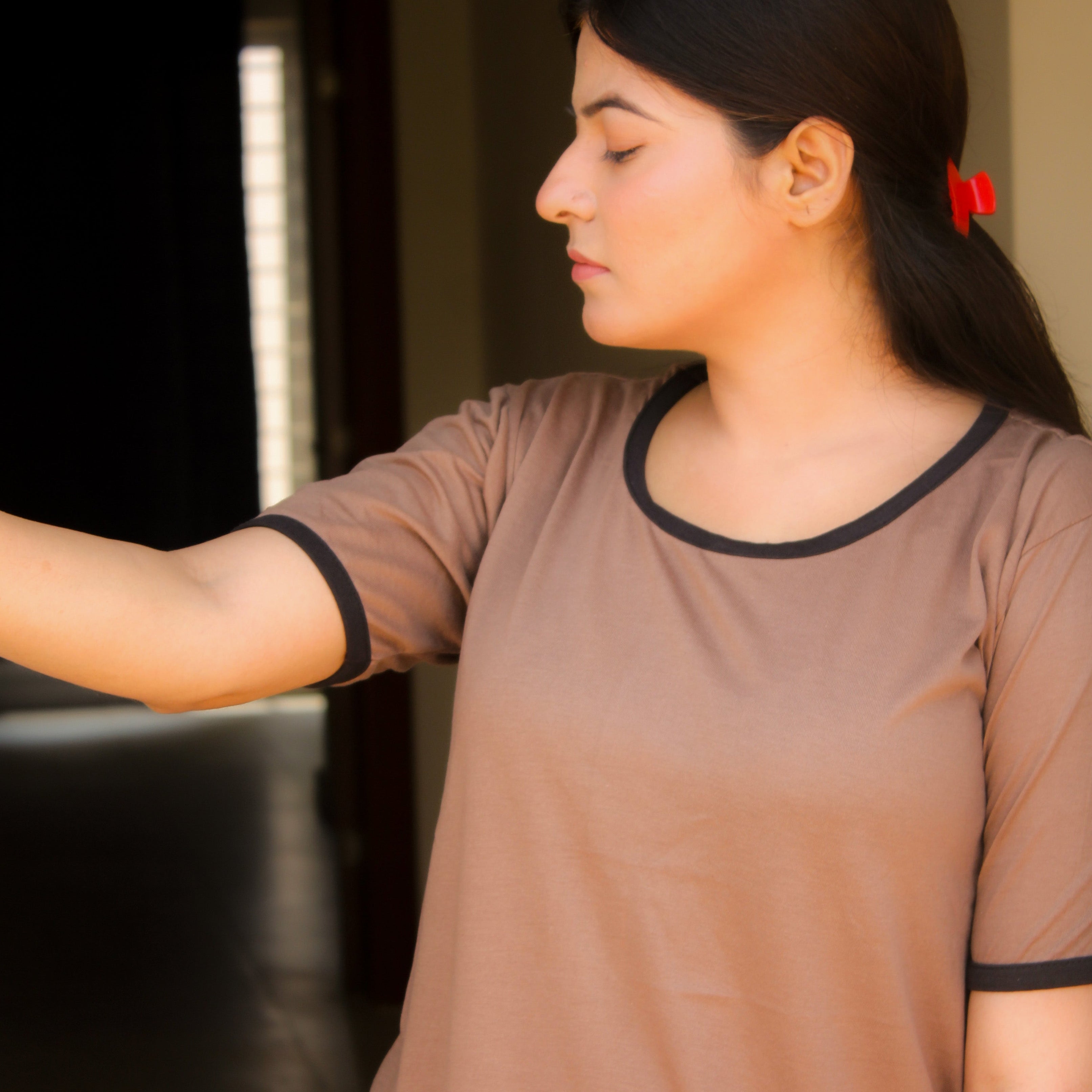 Plain Coffee Colour T-Shirt with Black Round Neck and Plazzo Pajama