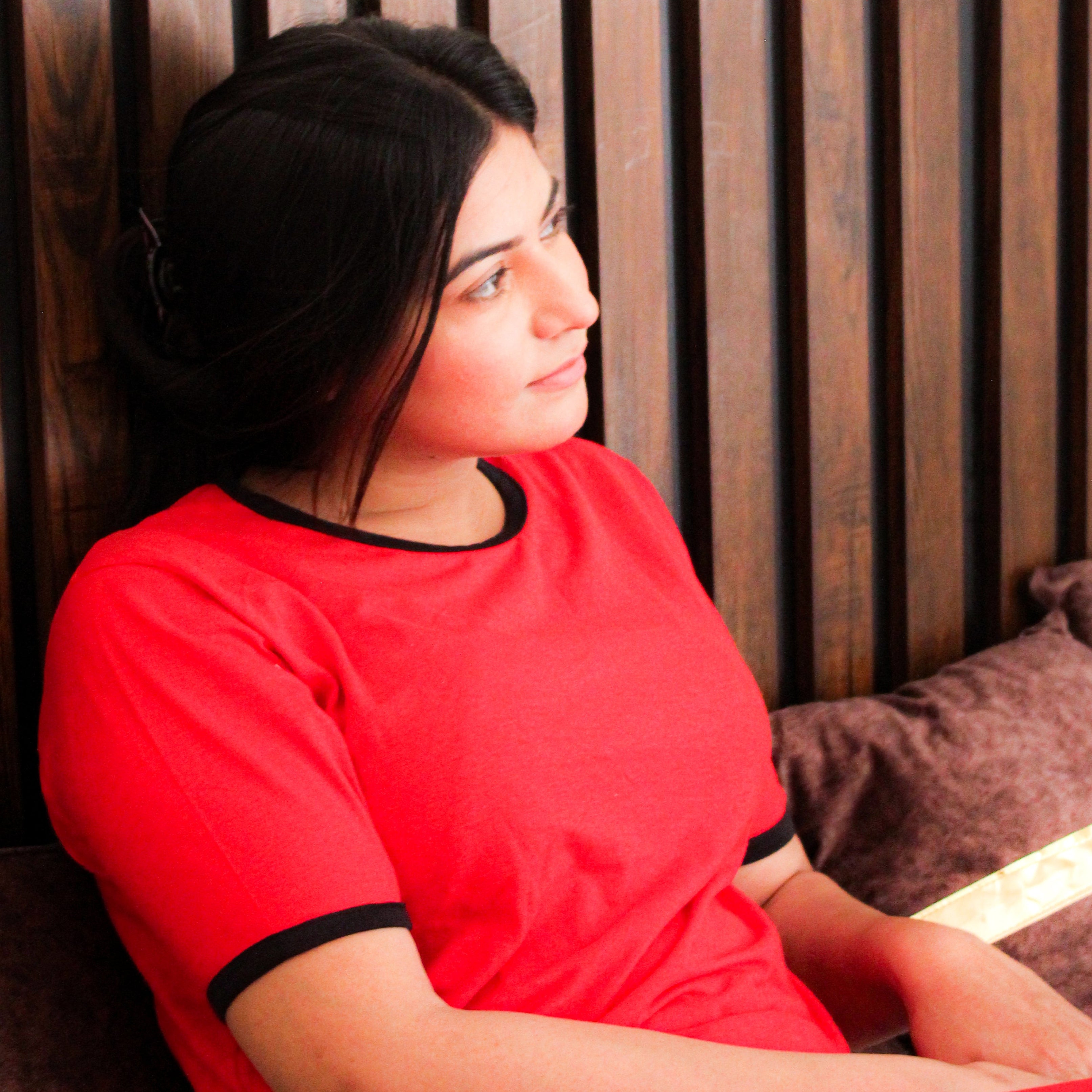 Plain Red T-Shirt with Black Round Neck and Plazzo Pajama