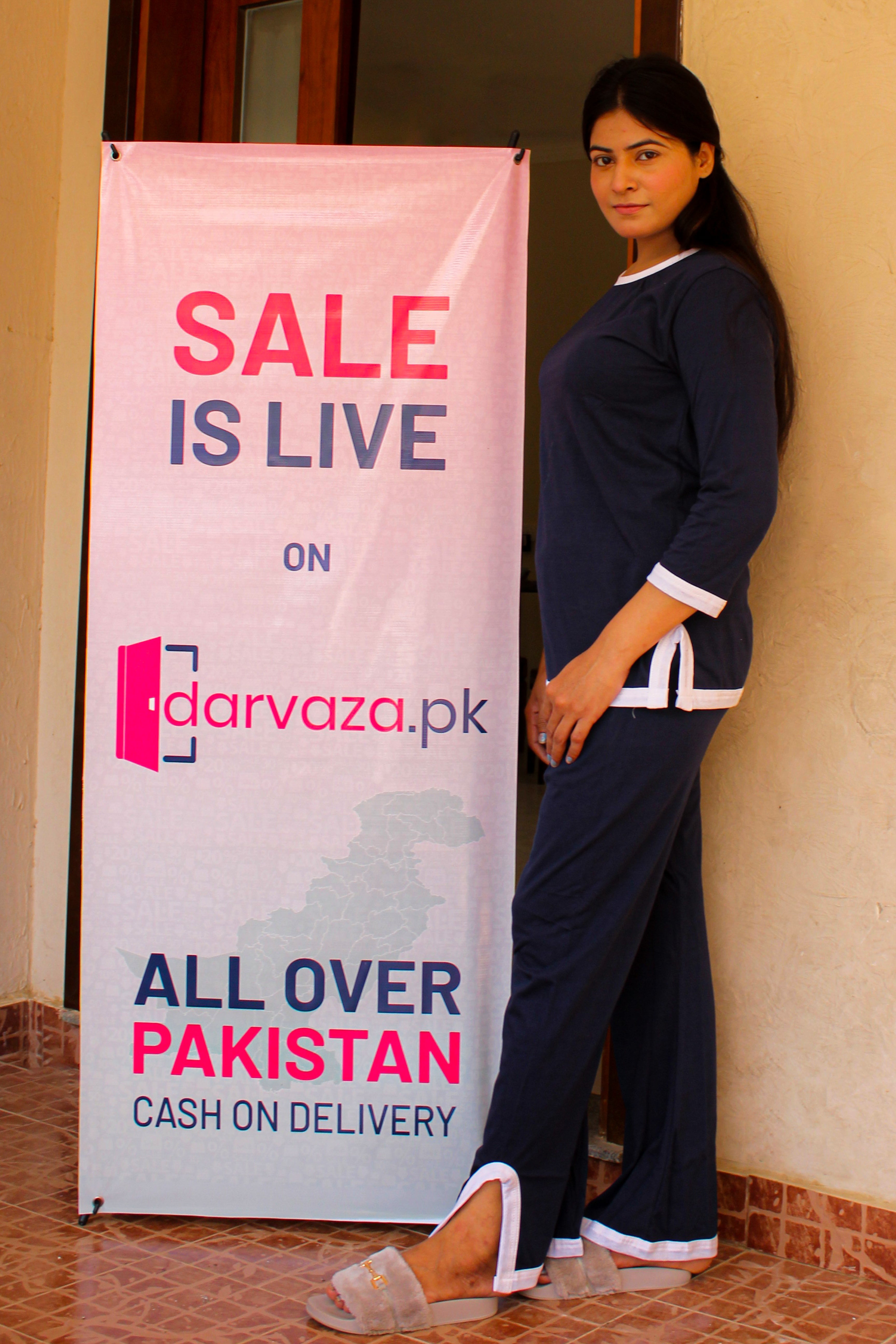 Navy Blue White Round Neck Plazzo PJ Set