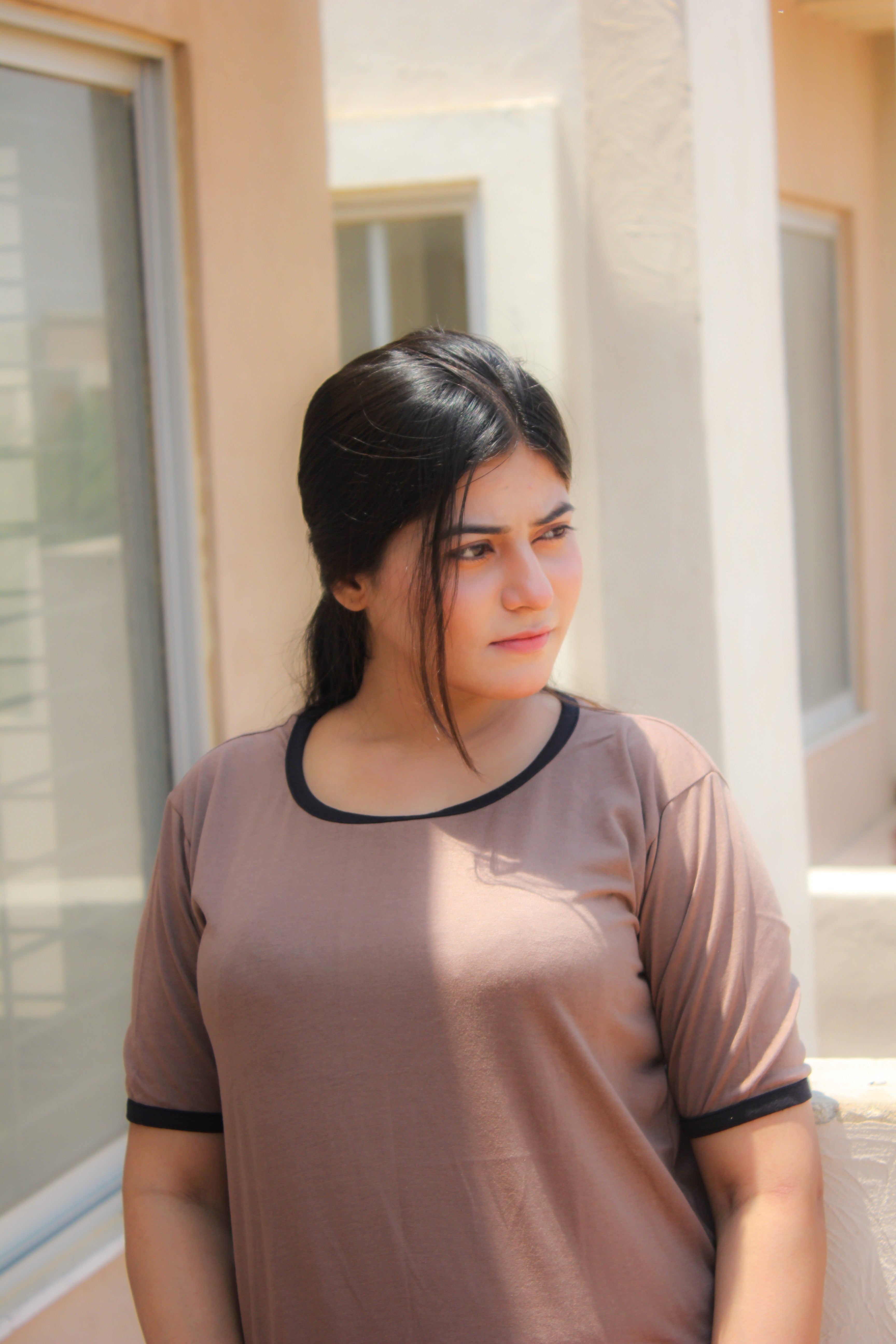 Plain Coffee Colour T-Shirt with Black Round Neck and Plazzo Pajama