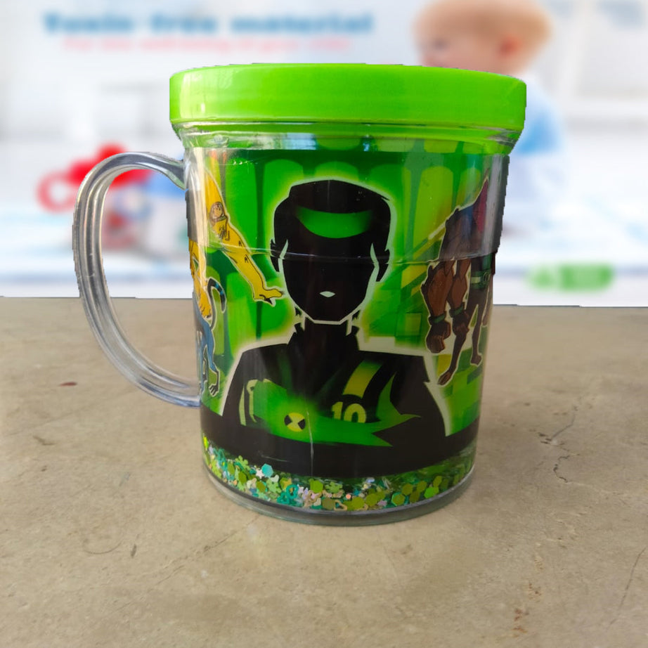 (Pack of 2) New Kids Cartoon Glitter Glass Mug For Boys and Girls
