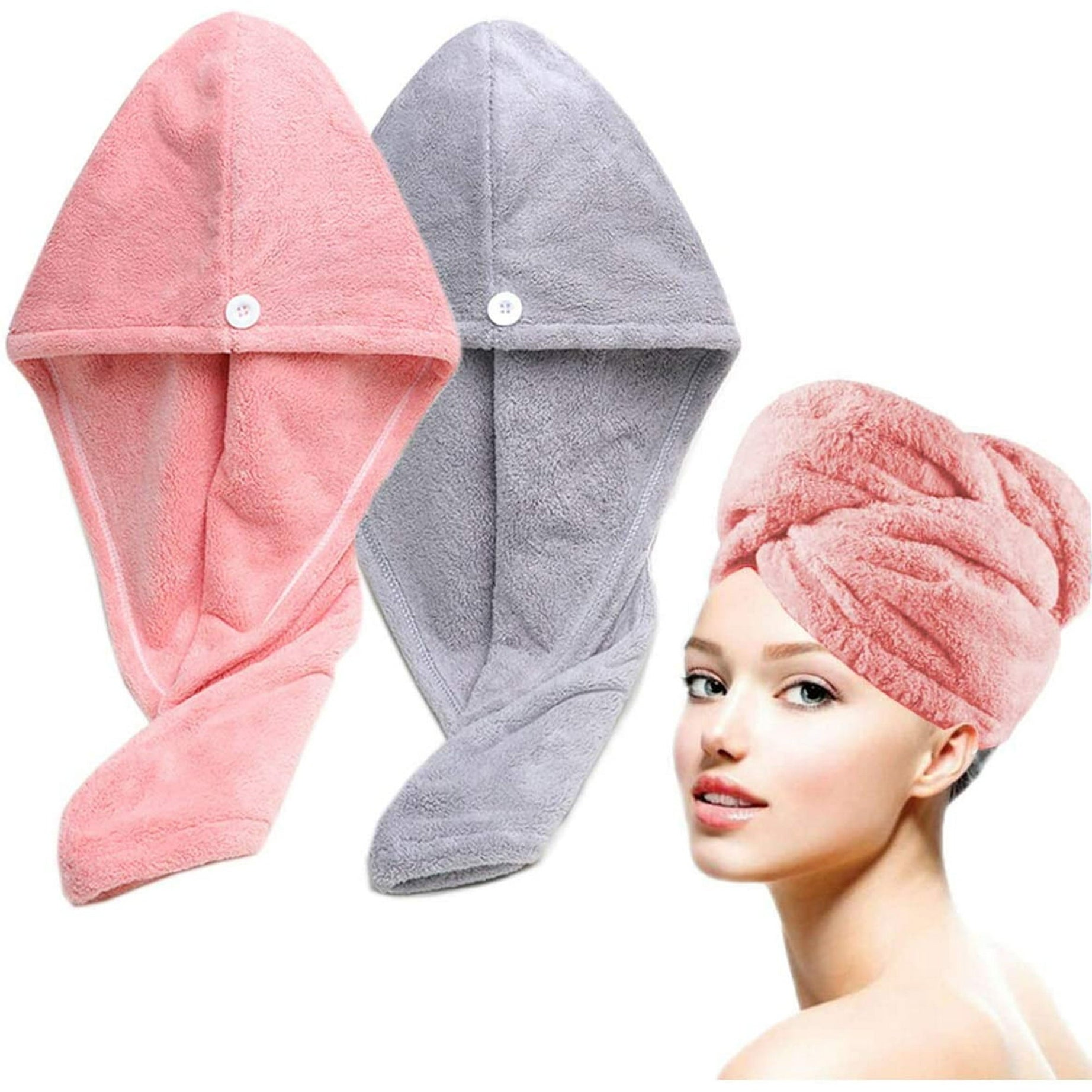 (Pack of 3) Microfiber High Absorbent Quick Dry Wrap Hair Bath Towels Shower Cap for Women