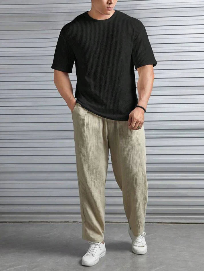 Oversized Waffle Knit Tee for Men – BLACK