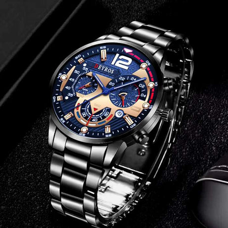 Deyros Stainless Steel Calendar Luminous Clock Dial Analog Luxury Quartz Wristwatch For Men