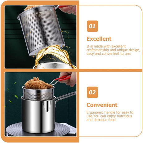 Multi Functional Stainless Steel Rust Resistant 1200ML Deep Fryer Pot with Strainer Basket and Long Handle Kitchen Oil Frying Pot Kettle for Home Use