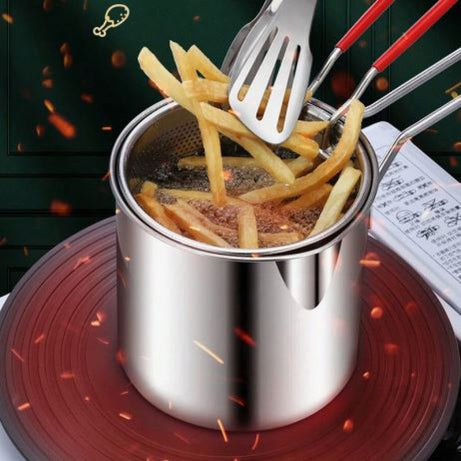 Multi Functional Stainless Steel Rust Resistant 1200ML Deep Fryer Pot with Strainer Basket and Long Handle Kitchen Oil Frying Pot Kettle for Home Use