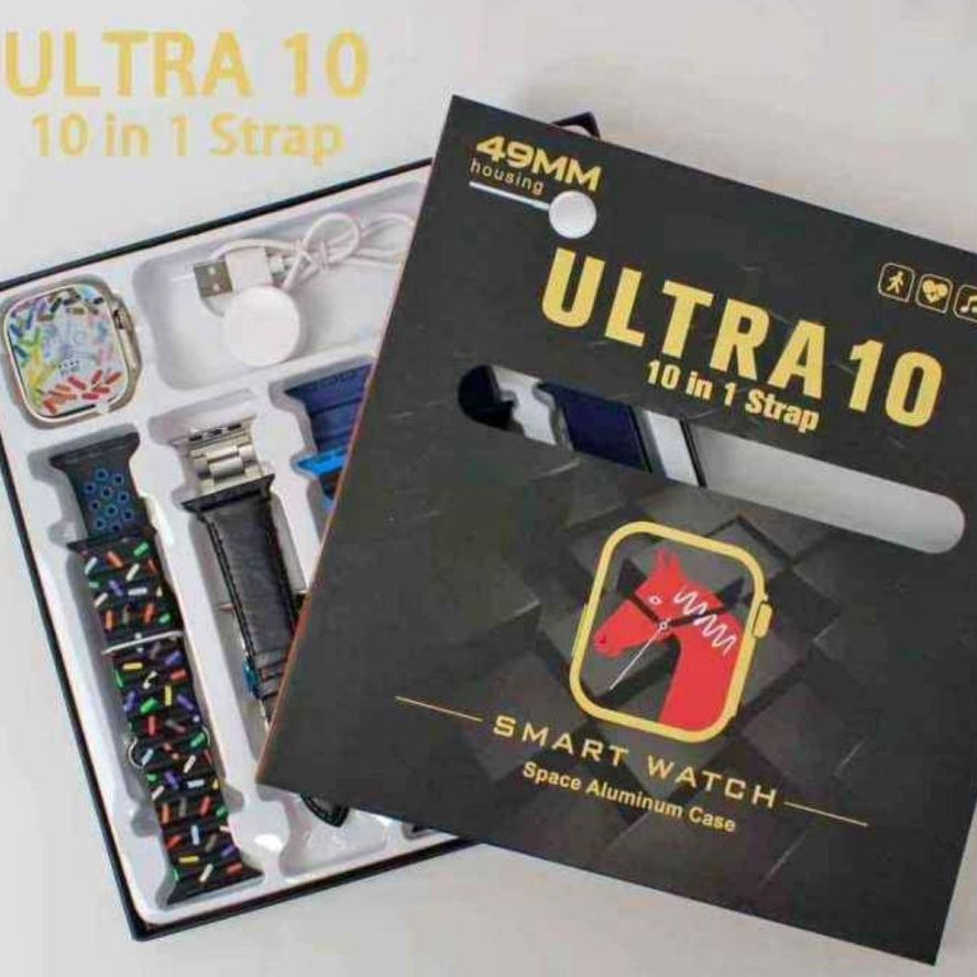 Ultra 10 Smart Watch with Bluetooth Calling Multiple Sports Mode and HD Touch Display with 10 Straps With Box For Men and Women