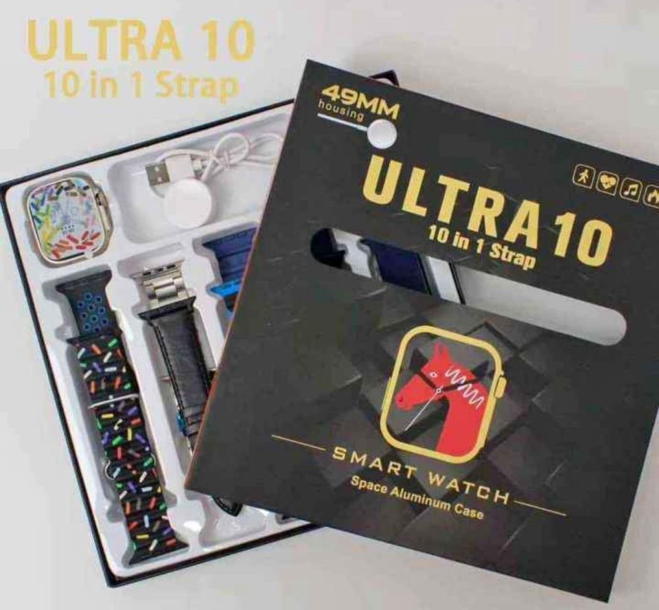 Ultra 10 Smart Watch with Bluetooth Calling Multiple Sports Mode and HD Touch Display with 10 Straps With Box For Men and Women