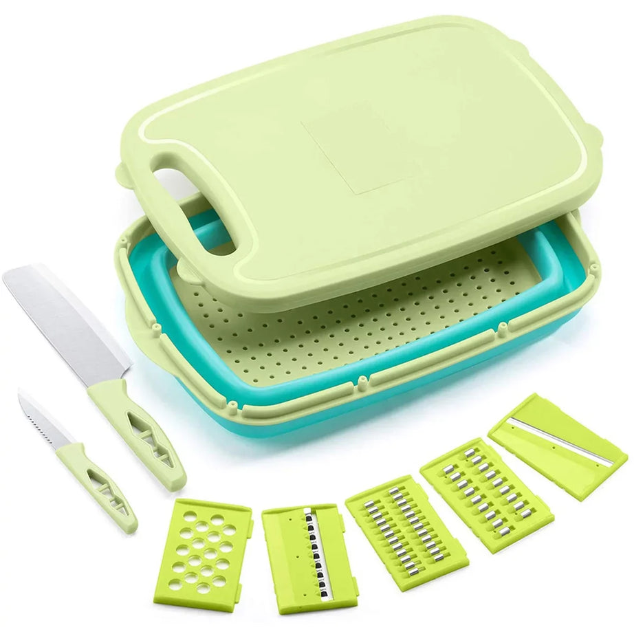 Multi-Function 9 in 1 Vegetable Slicer, Cutter, Peelers, with Washing Basket and Vegetable Cutting Board For Easy and Fast Cutting