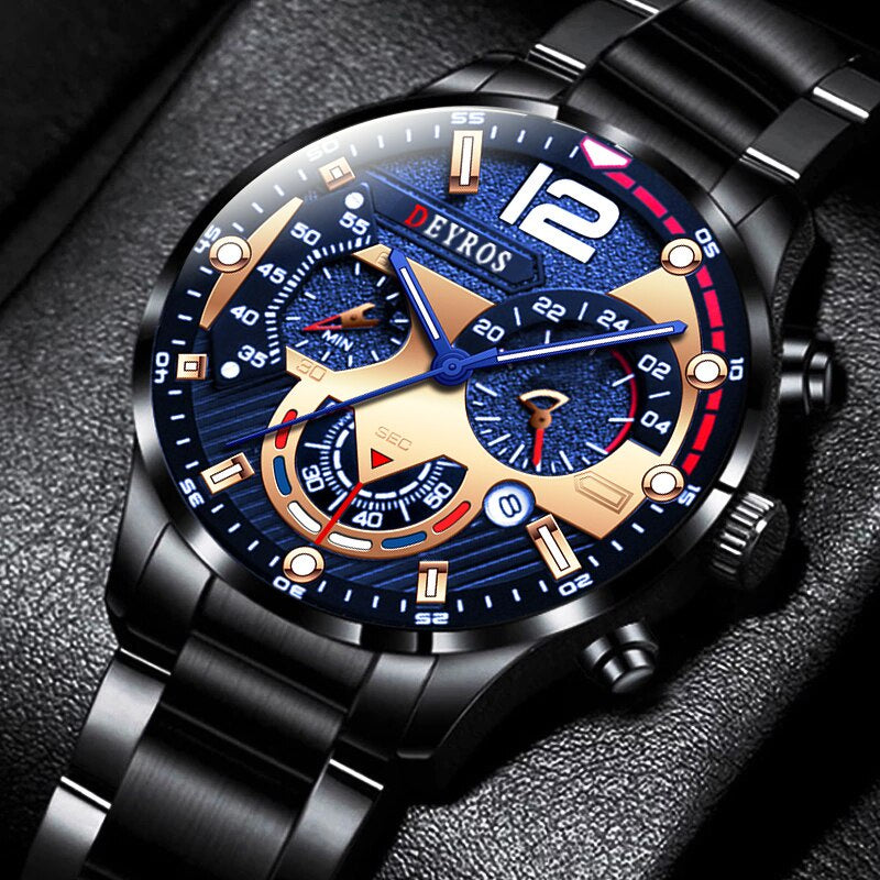 Deyros Stainless Steel Calendar Luminous Clock Dial Analog Luxury Quartz Wristwatch For Men