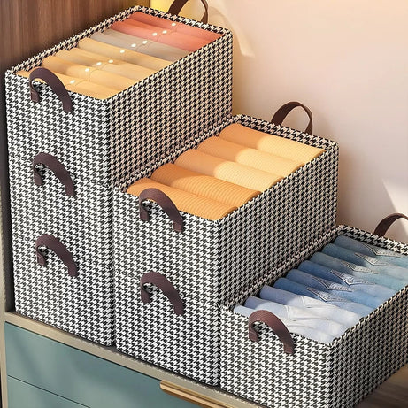 4 Pcs Brown Checkered Storage Cubes - Premium Foldable Closet Organizer Bins with Handles for Clothes, Toys & Accessories