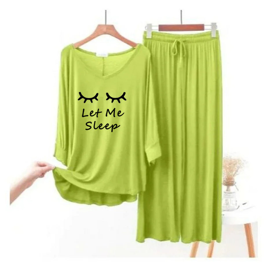 Lemon Green “Let Me Sleep” V-Neck Women Night Suit PJ Set