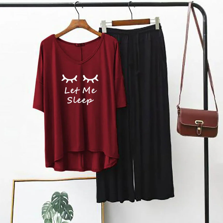 Plain Red “Let Me Sleep” V-Neck T-Shirt with Black Plazzo PJ Set