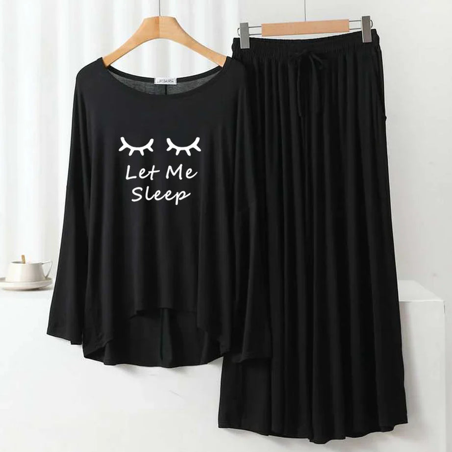 Deep Black “Let Me Sleep” Round Neck Plazzo PJ Set