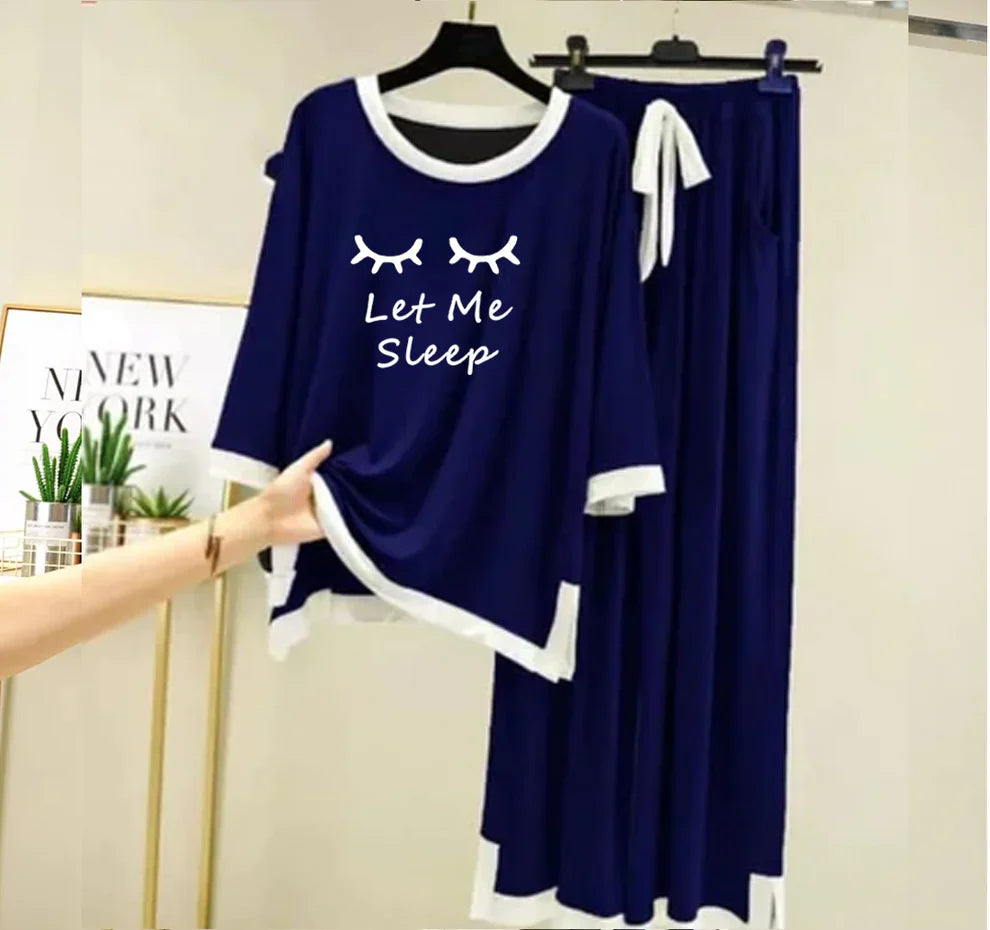 Navy Blue “Let Me Sleep” White Round Neck Plazzo PJ Set