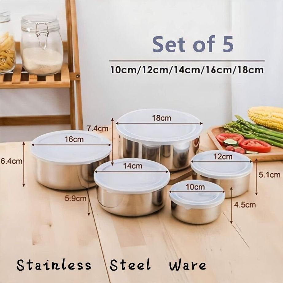 Fresh Box Set of 5 Stainless Steel Food Storage Containers with Airtight Lids