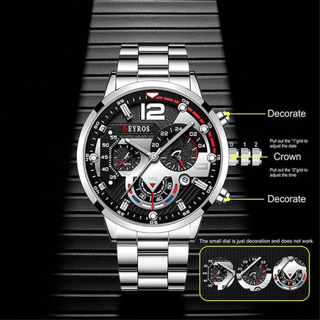 Deyros Stainless Steel Calendar Luminous Clock Dial Analog Luxury Quartz Wristwatch For Men