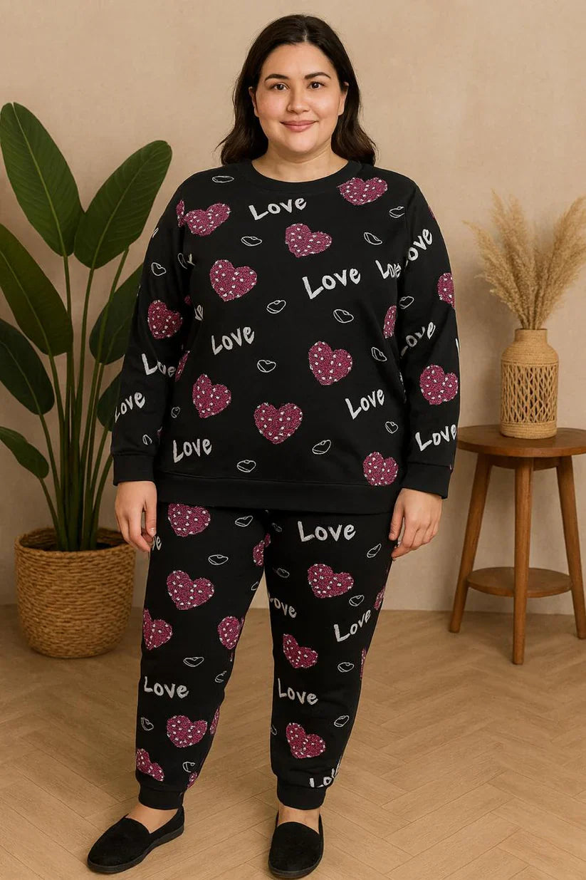 Winter Black Love Heart Co-Ord Set Night Suit