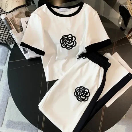 Flower Style Track Suit (White) – Round Neck Half Sleeves T-Shirt and Trouser Suit for Women