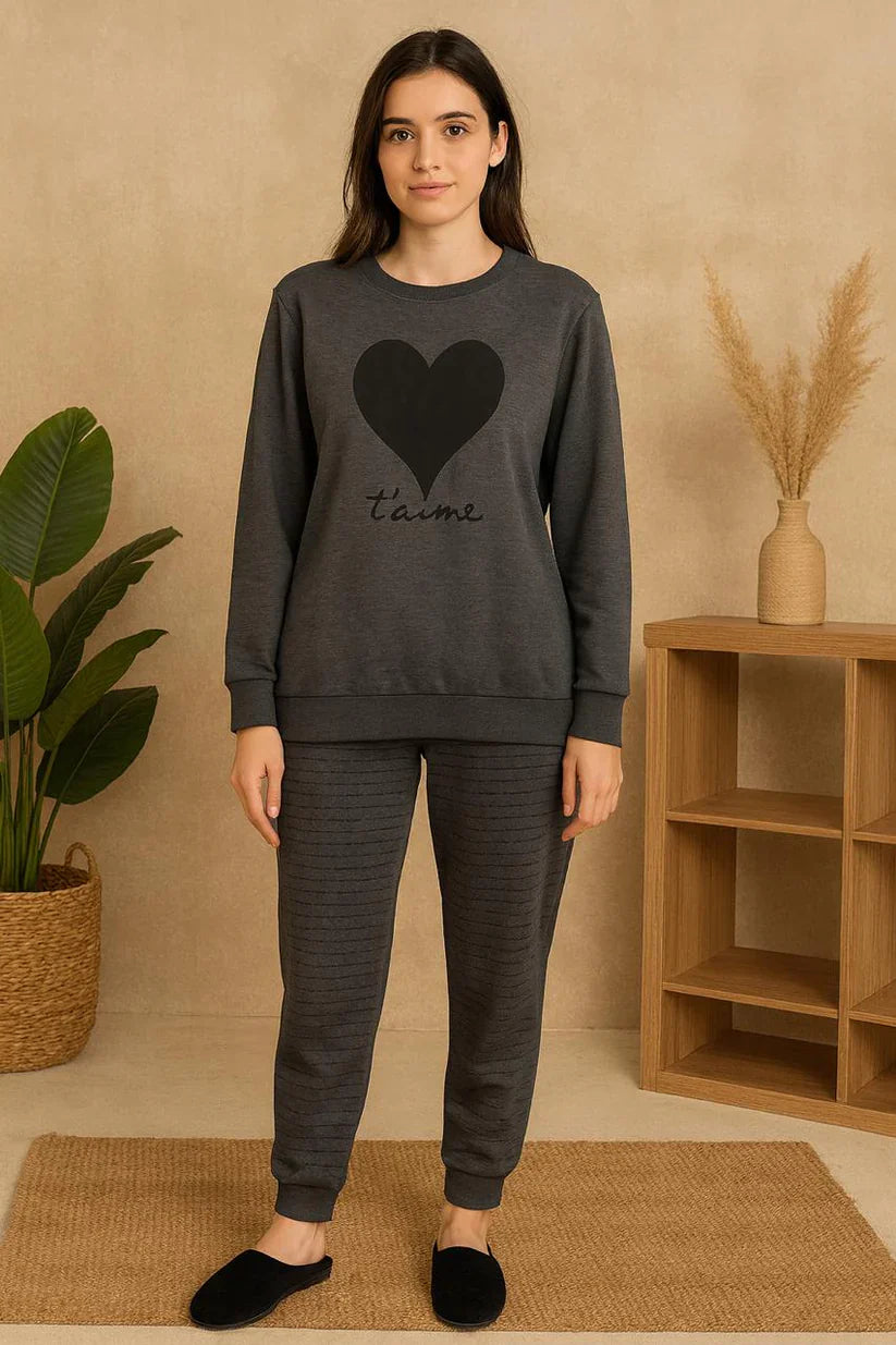 Winter Black Gray Heart Co-Ord Set Night Suit