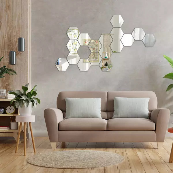 Hexagon 12 Pcs 3D Acrylic Hexagon Sliver Mirror Stickers for Wall